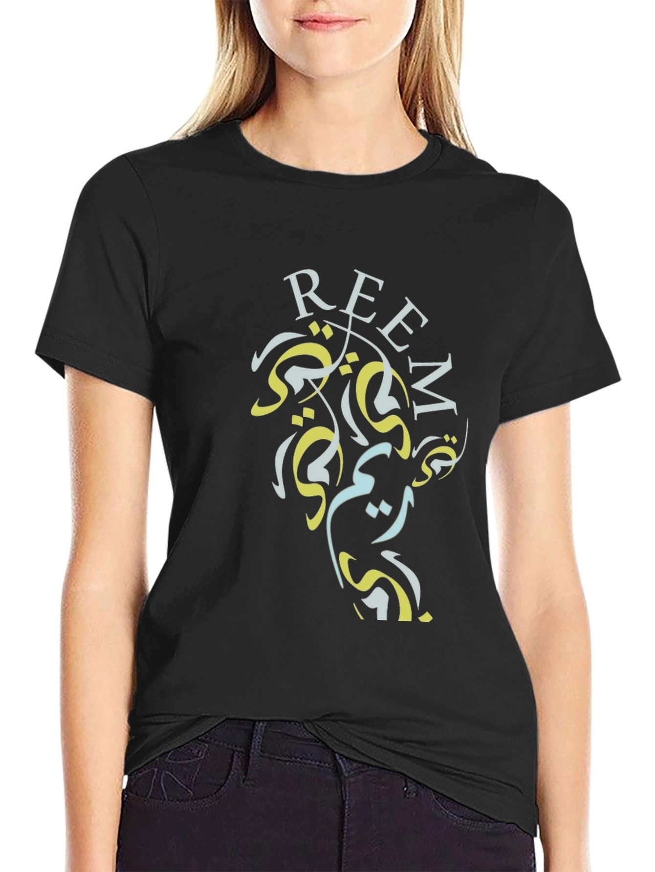 Black Reem Black Graphic Tee - Artistic Word Design T-Shirt view 2