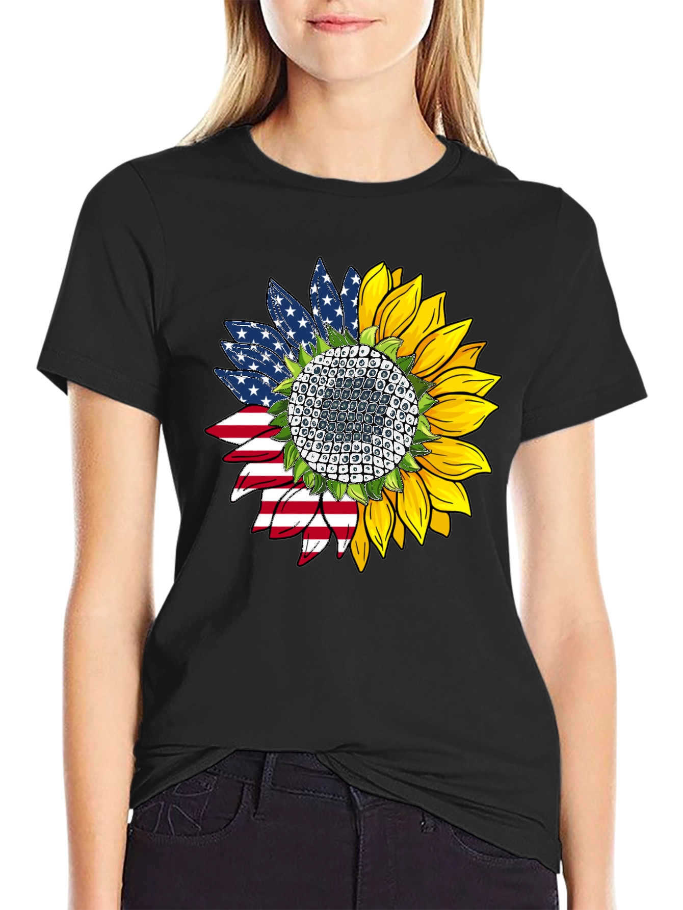 Black American Flag Sunflower Graphic Tee view 2