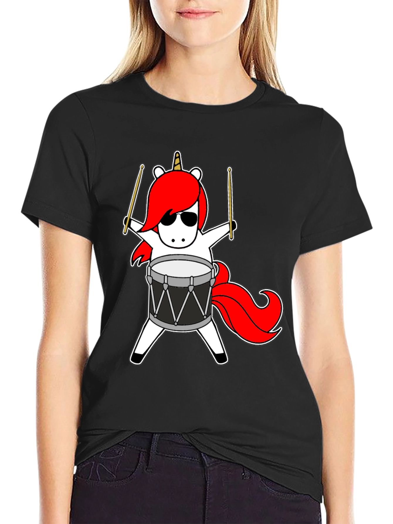 Black Unicorn Drummer T-Shirt - Cool Cartoon Design view 2