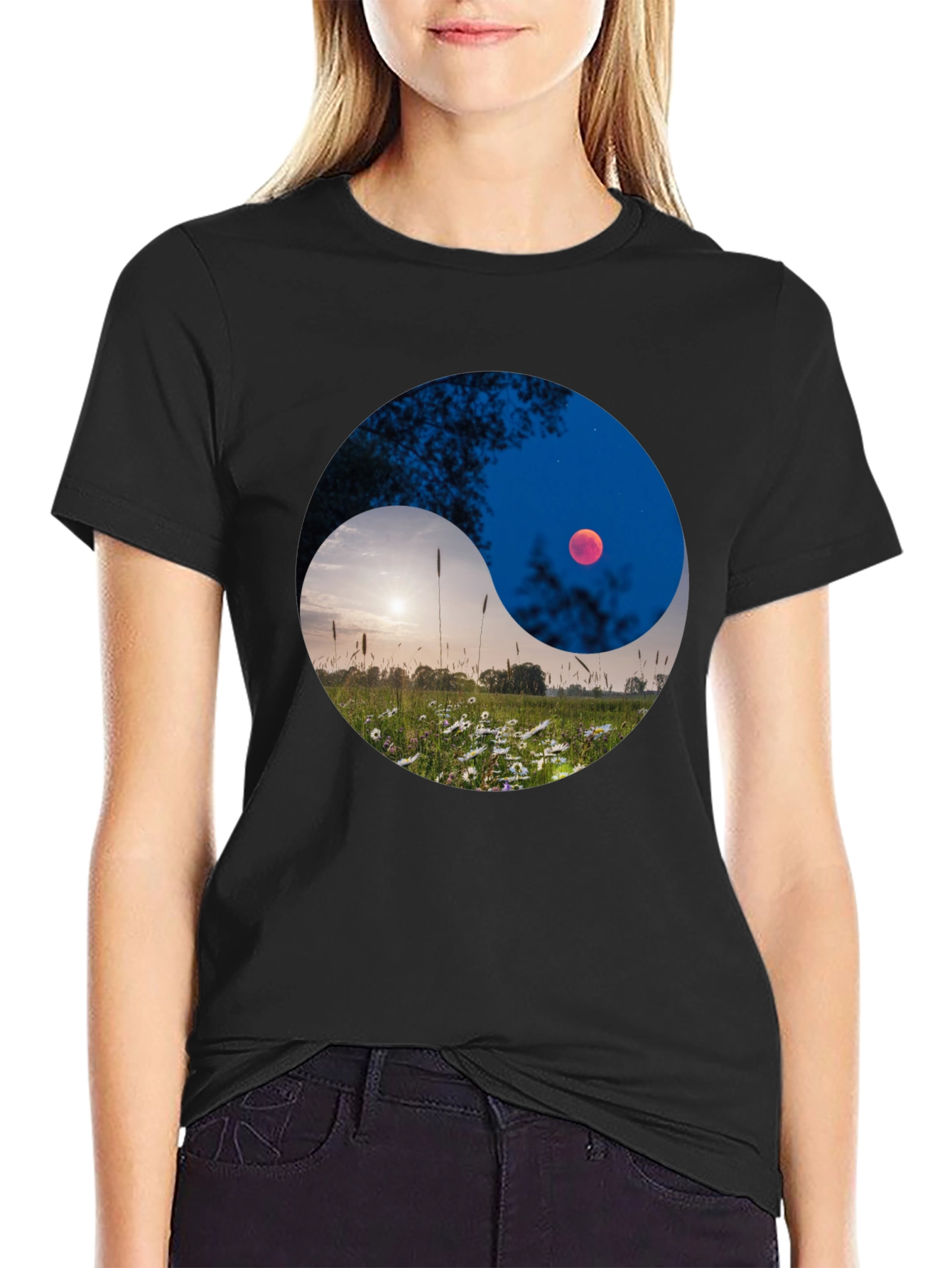 Black Yin Yang Landscape Graphic Tee view 2