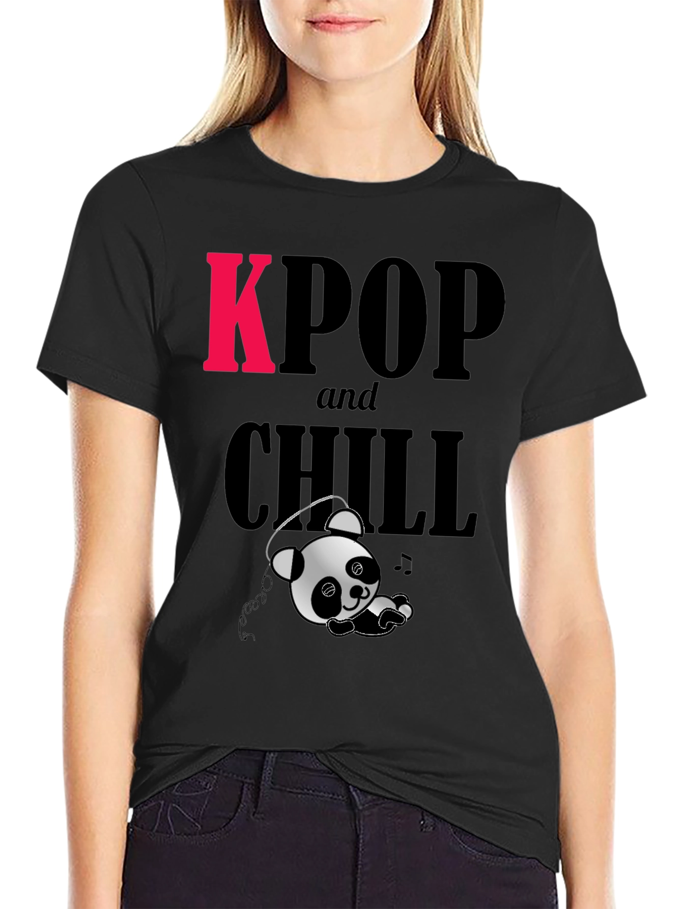 Black KPOP and Chill Panda Graphic Tee view 2