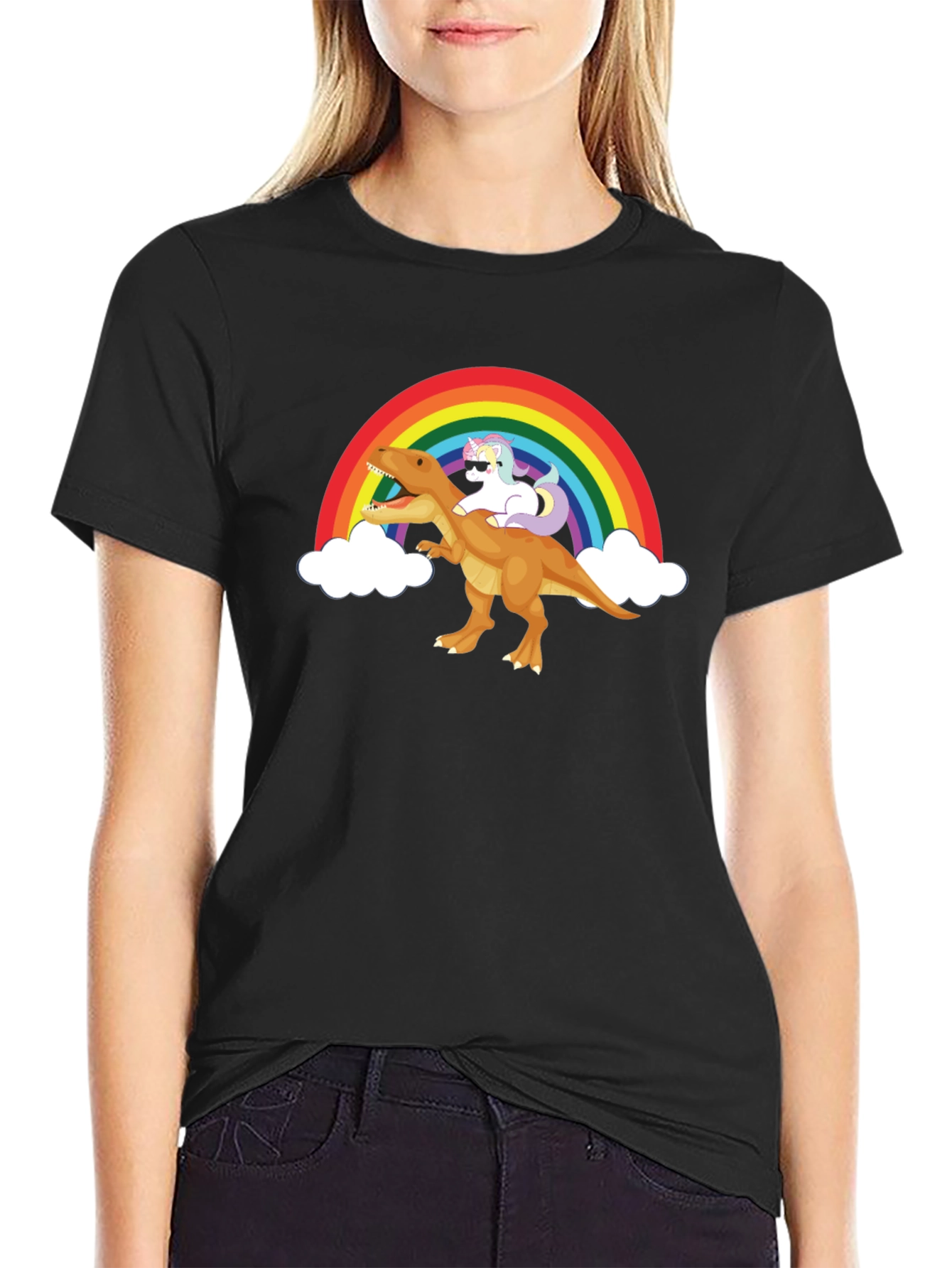 Black Rainbow Unicorn Riding Dinosaur Graphic Tee view 2