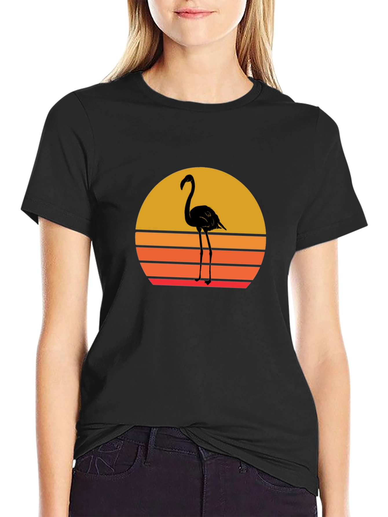 Black Retro Flamingo Sunset T-Shirt - Black view 2