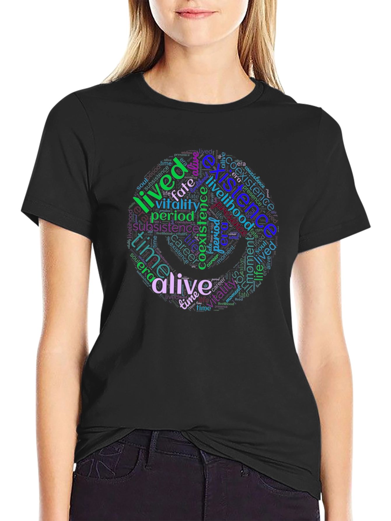 Black Word Cloud T-Shirt: Existence, Life, and Vitality Design view 2