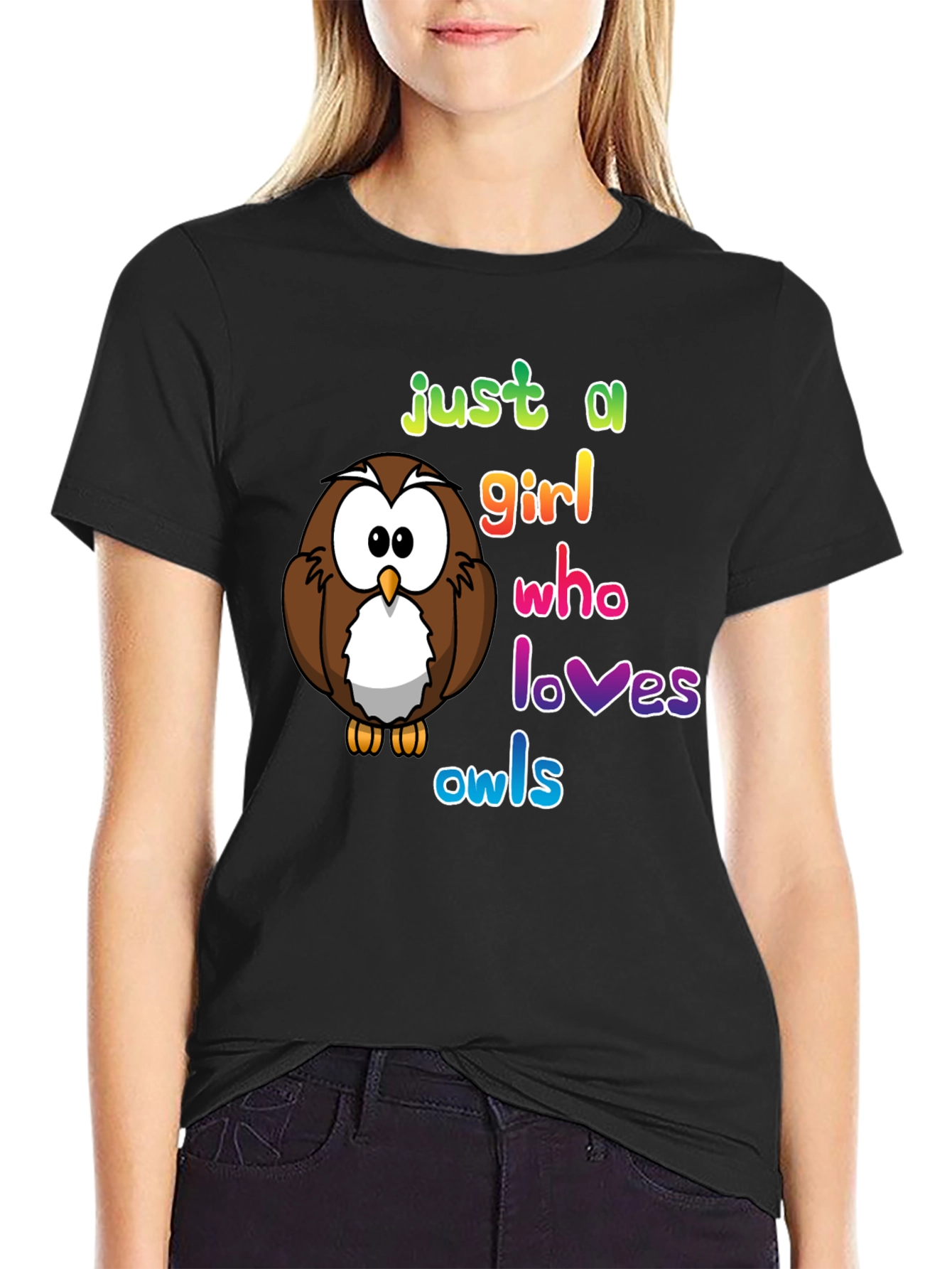 Black Just A Girl Who Loves Owls T-Shirt, Cute Owl Lover Tee view 2