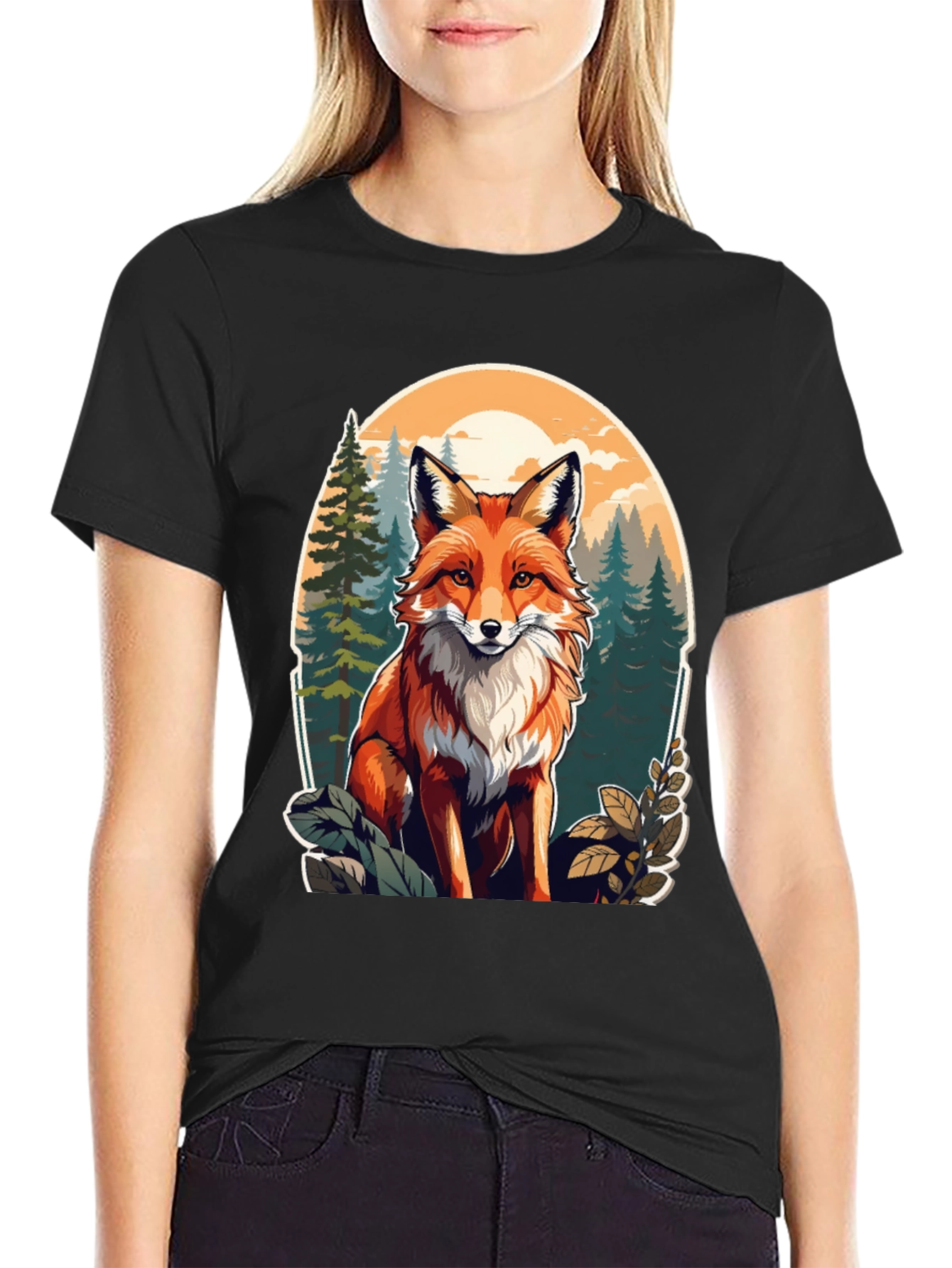 Black Fox Graphic Tee - Forest Scene Black T-Shirt view 2