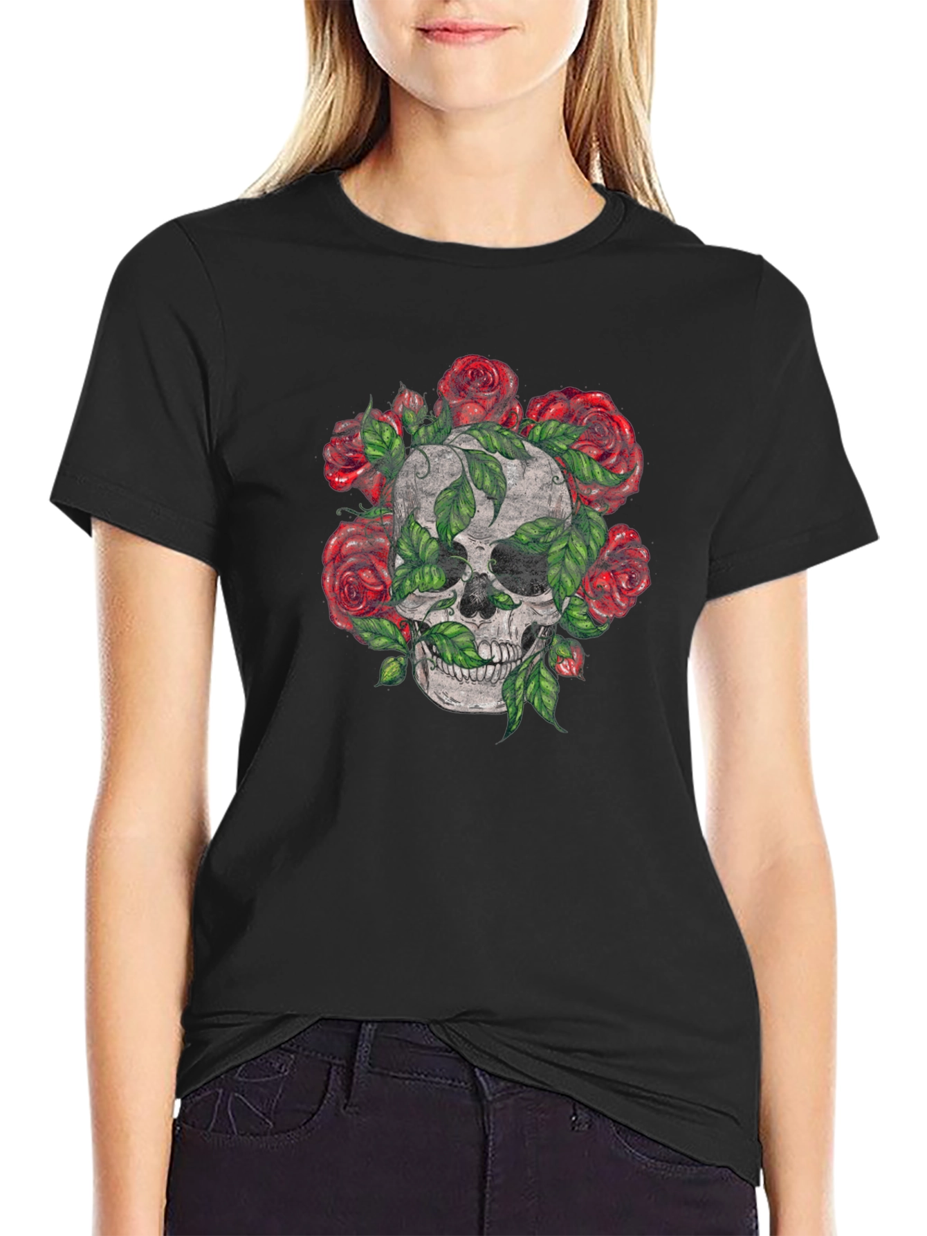 Black Skull & Roses Graphic Tee - Men's Black T-Shirt view 2