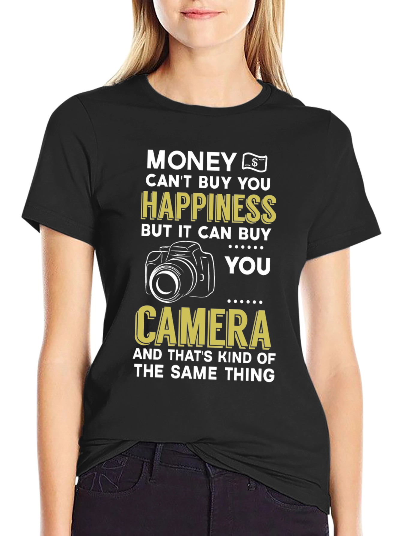 Black Funny Photography T-Shirt, Money Can't Buy Happiness Camera Tee view 2