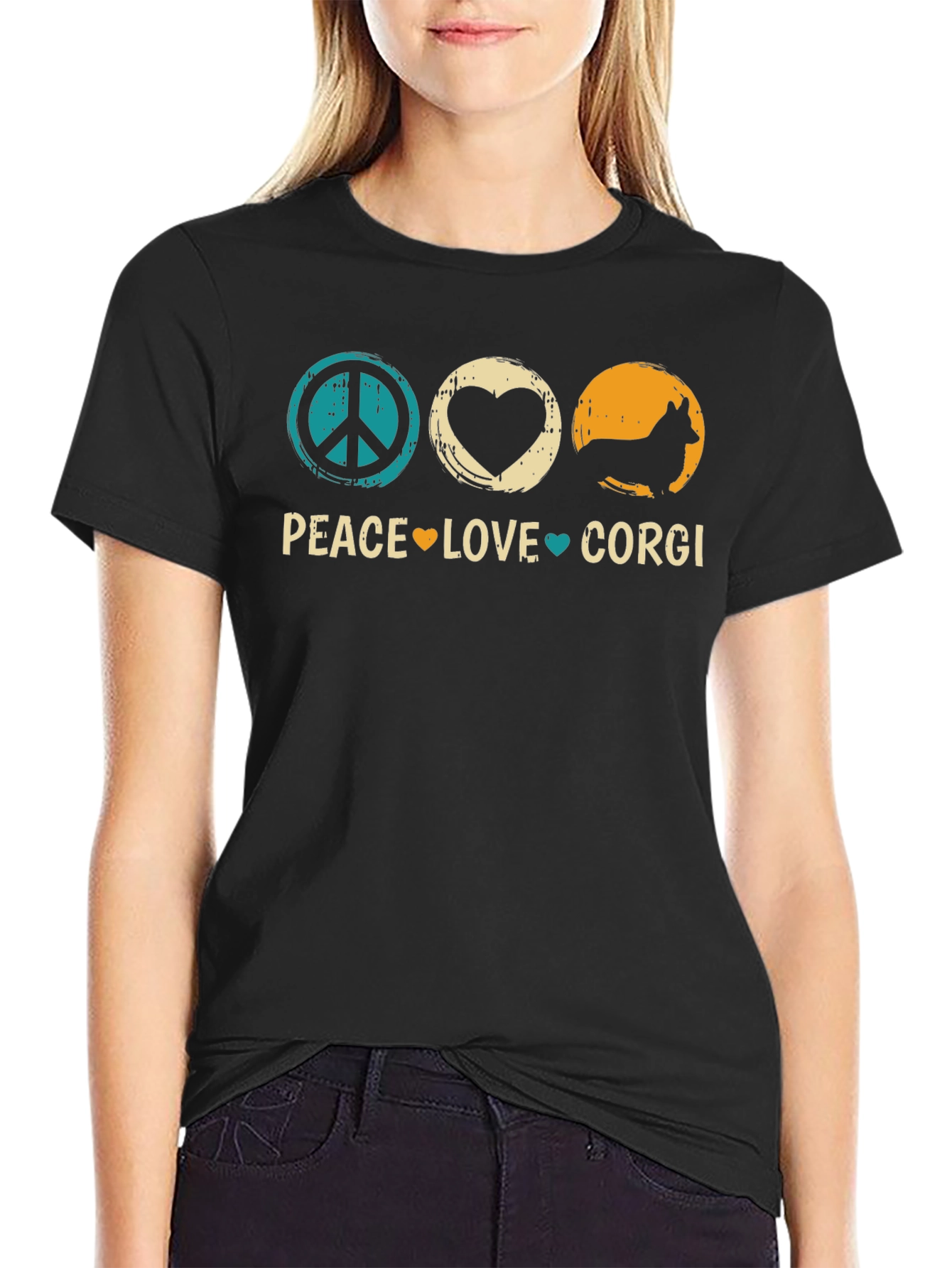 Black Peace Love Corgi T-Shirt - Unisex Cotton Tee view 2