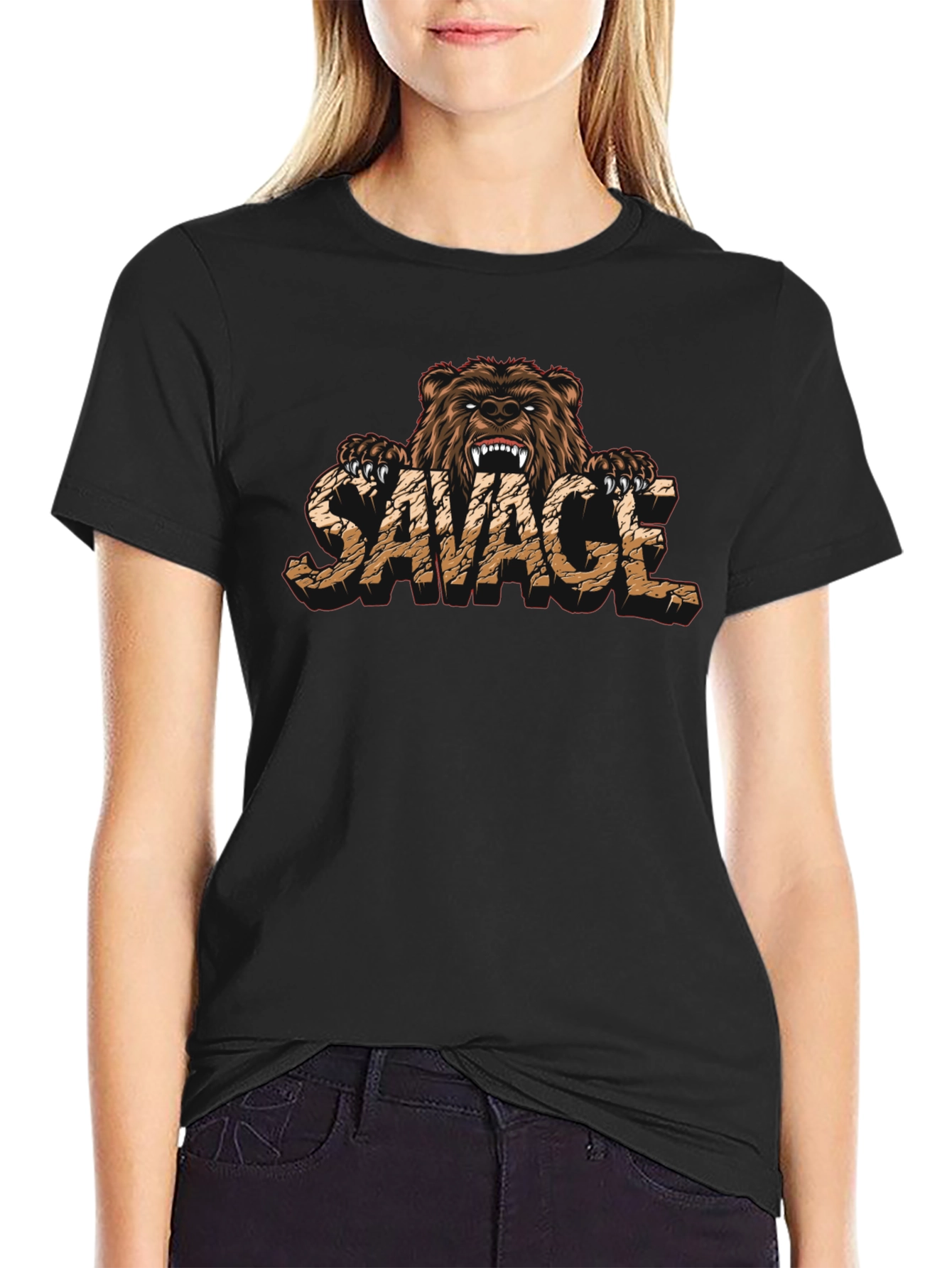 Black Savage Bear Graphic Print T-Shirt view 2