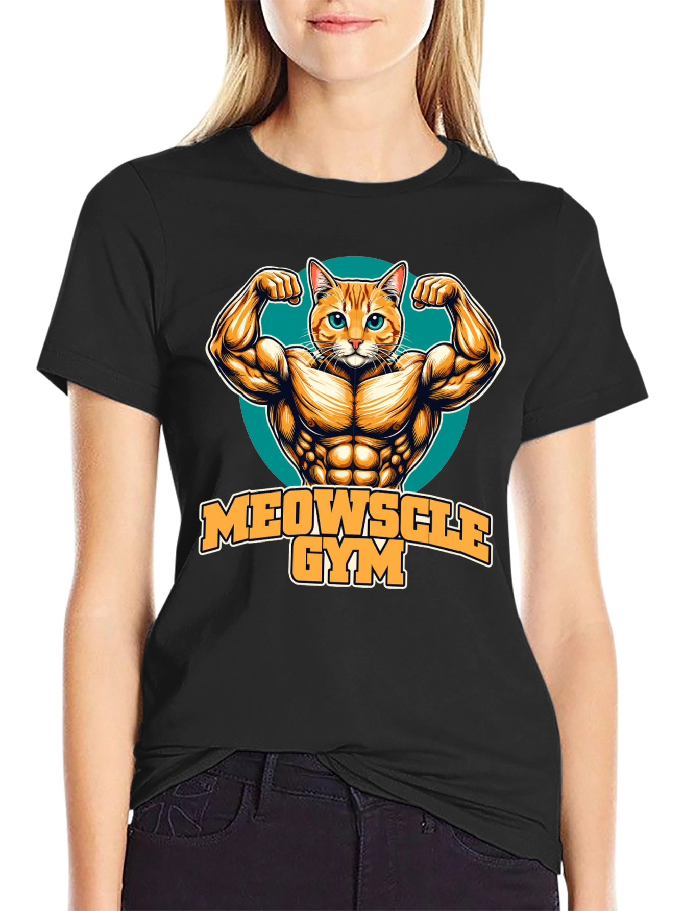 Black Meowscle Gym Black T-Shirt - Muscle Cat Design view 2