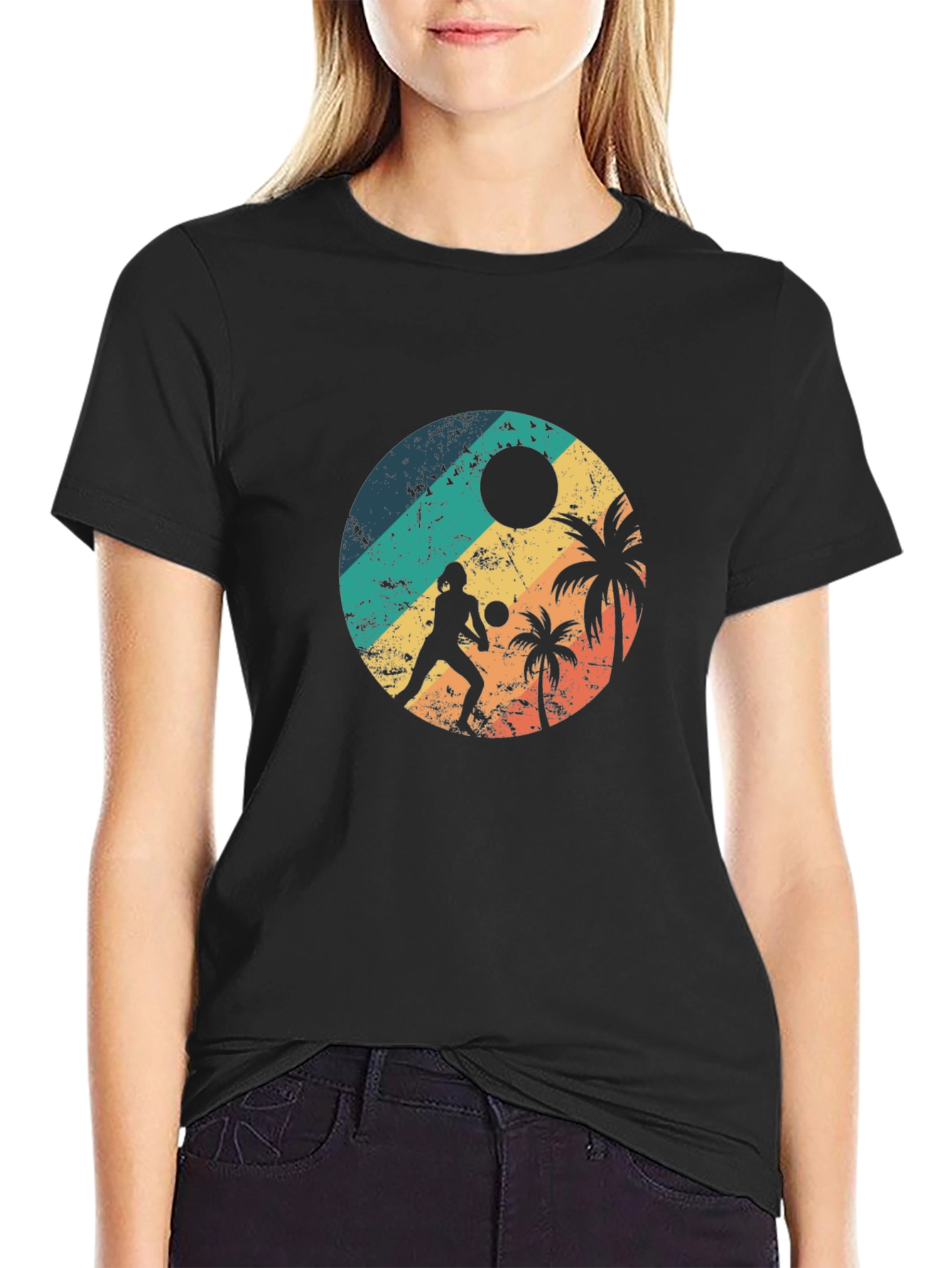 Black Retro Beach Volleyball T-Shirt view 2