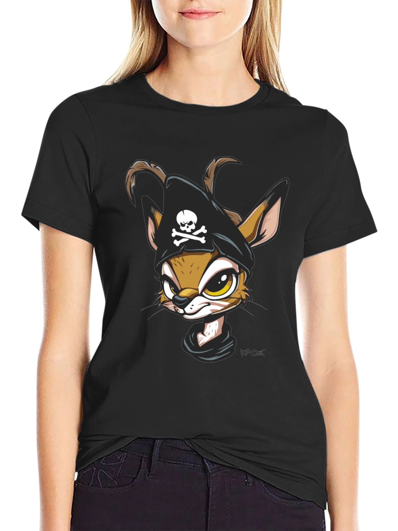 Black Pirate Fawn Graphic Tee - Unique Cartoon T-Shirt view 2