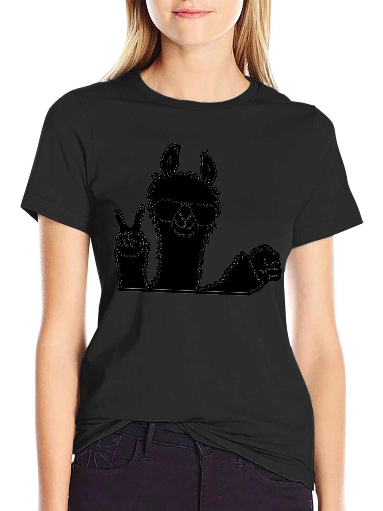 Black Cool Llama Graphic Tee - Peace Out Style view 2