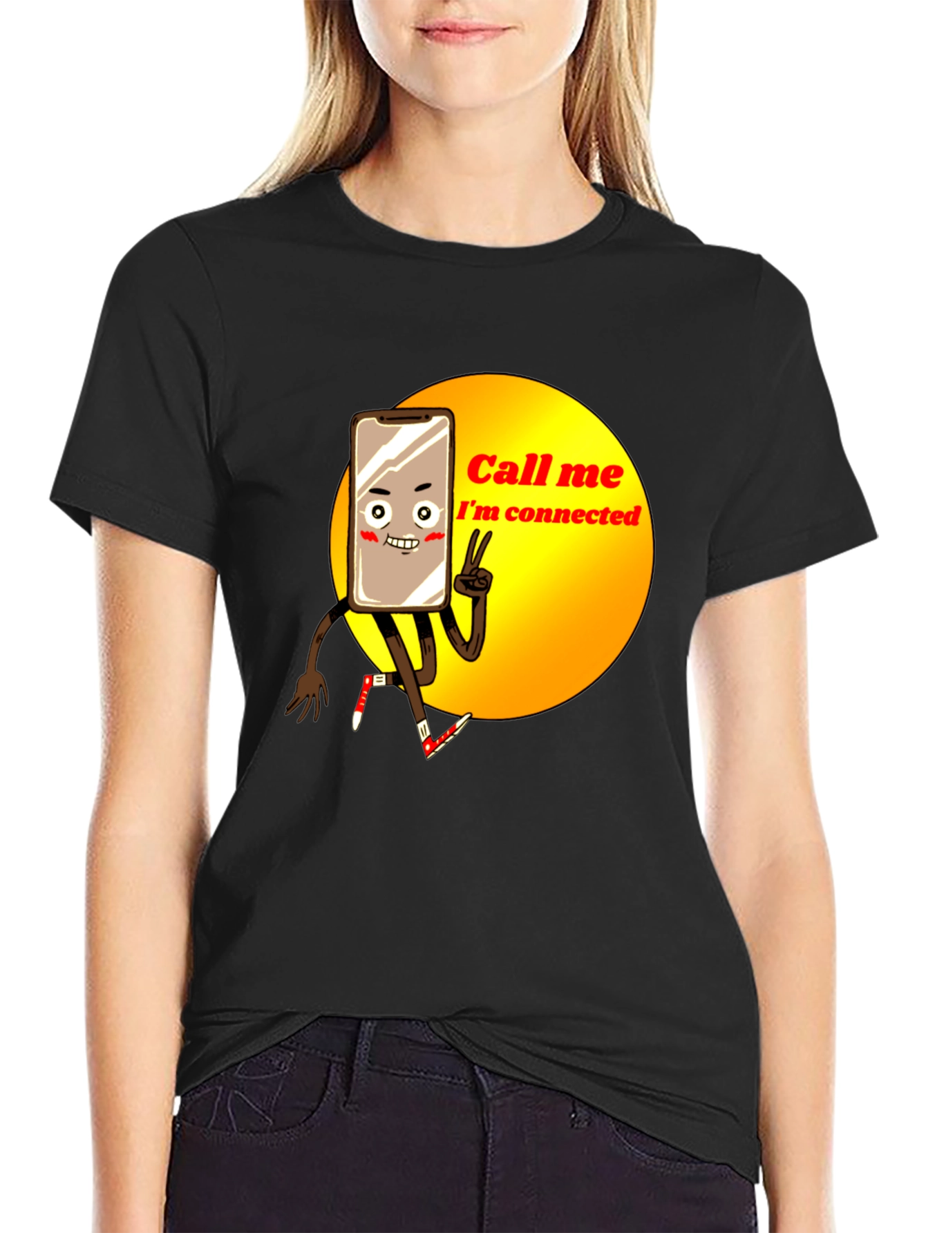 Black Connected Phone Cartoon T-Shirt view 2