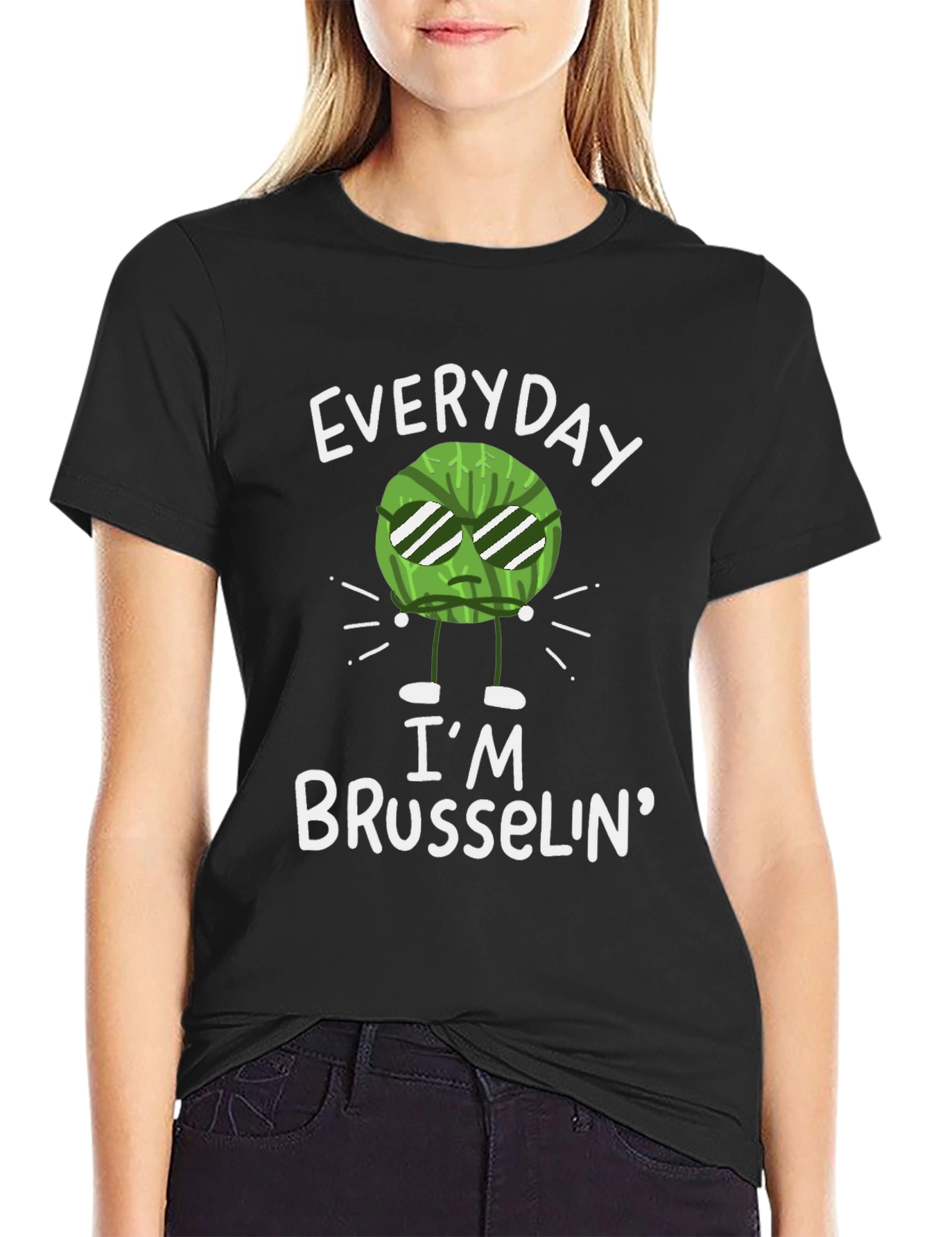 Black Everyday I'm Brusselin' T-Shirt - Funny Vegetable Pun Tee view 2