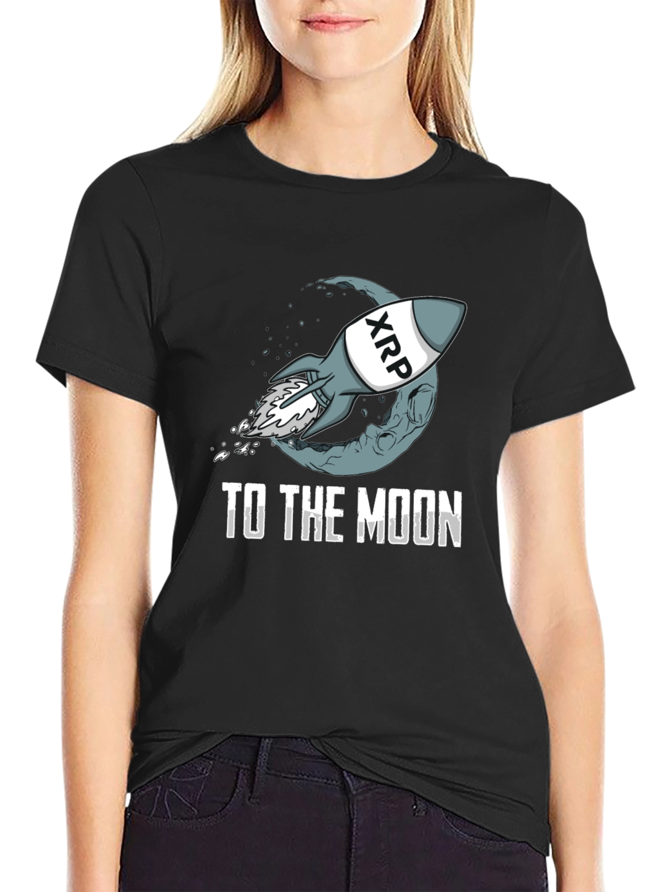 Black XRP Rocket to the Moon Black T-Shirt view 2