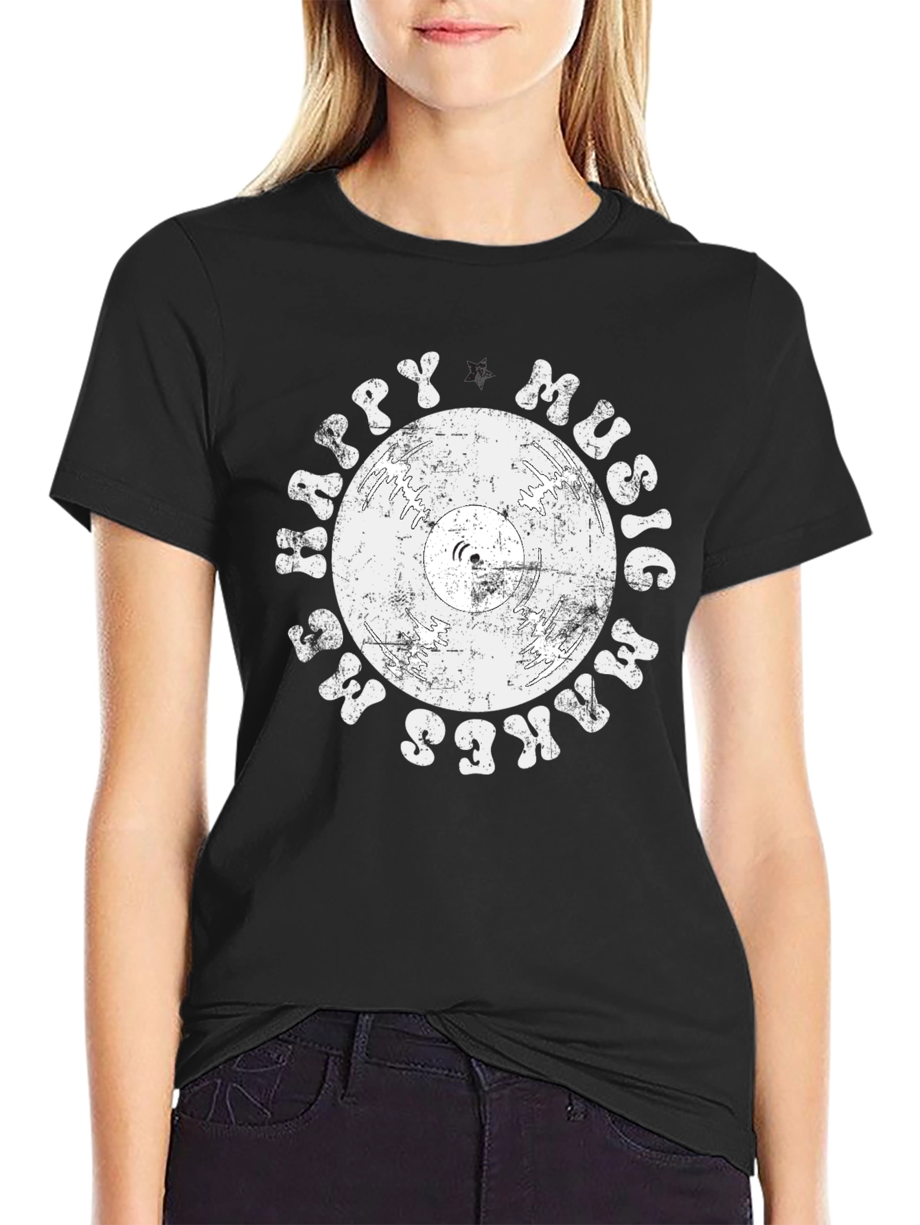 Black Retro Vinyl Music T-Shirt: Happy Music Makes Me Happy! view 2