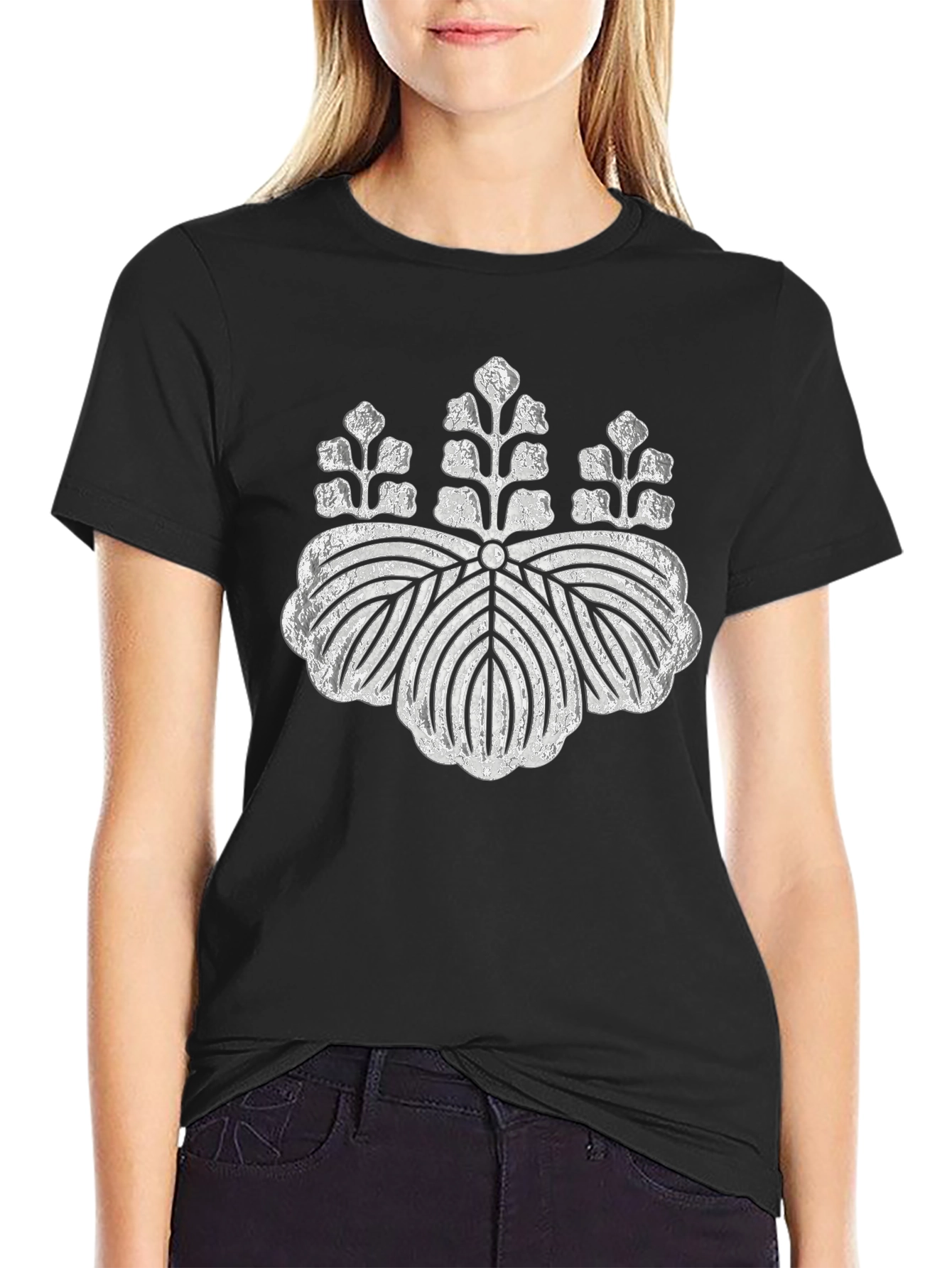 Black Black T-Shirt with Silver Japanese Crest Design view 2