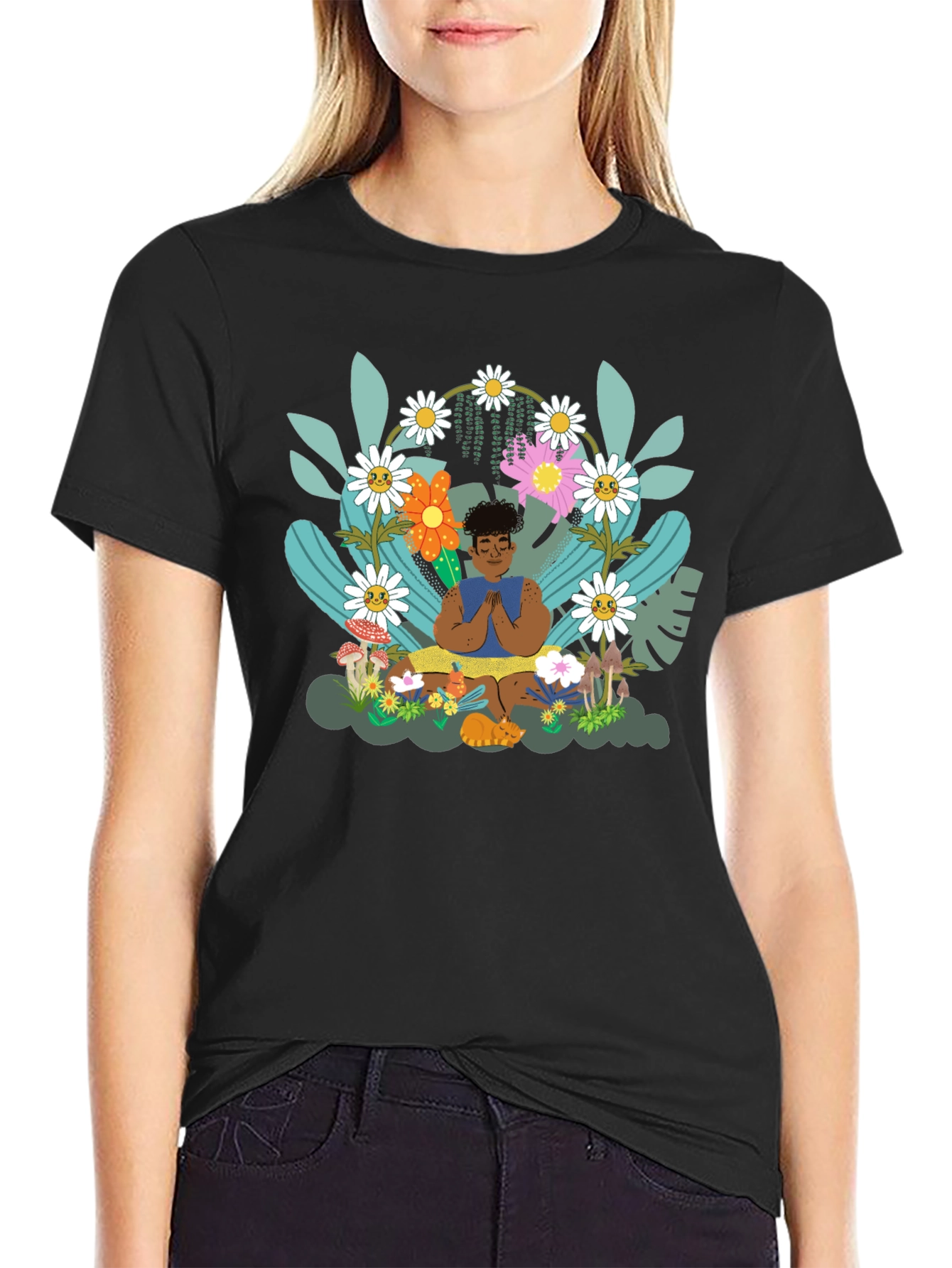Black Zen Garden T-Shirt - Meditating Figure with Floral Design view 2