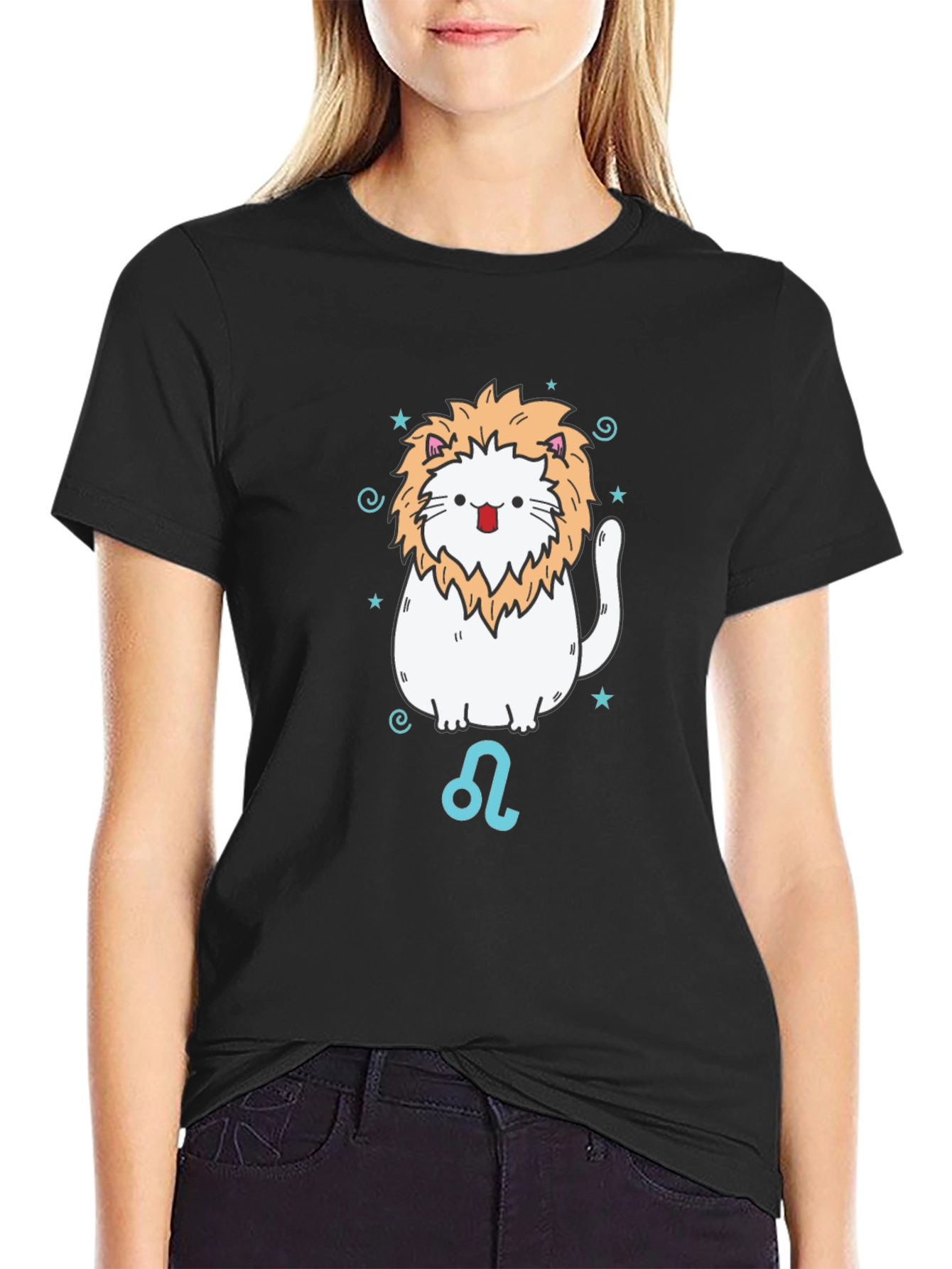 Black Leo Zodiac Cat T-Shirt - Black Cotton Tee view 2