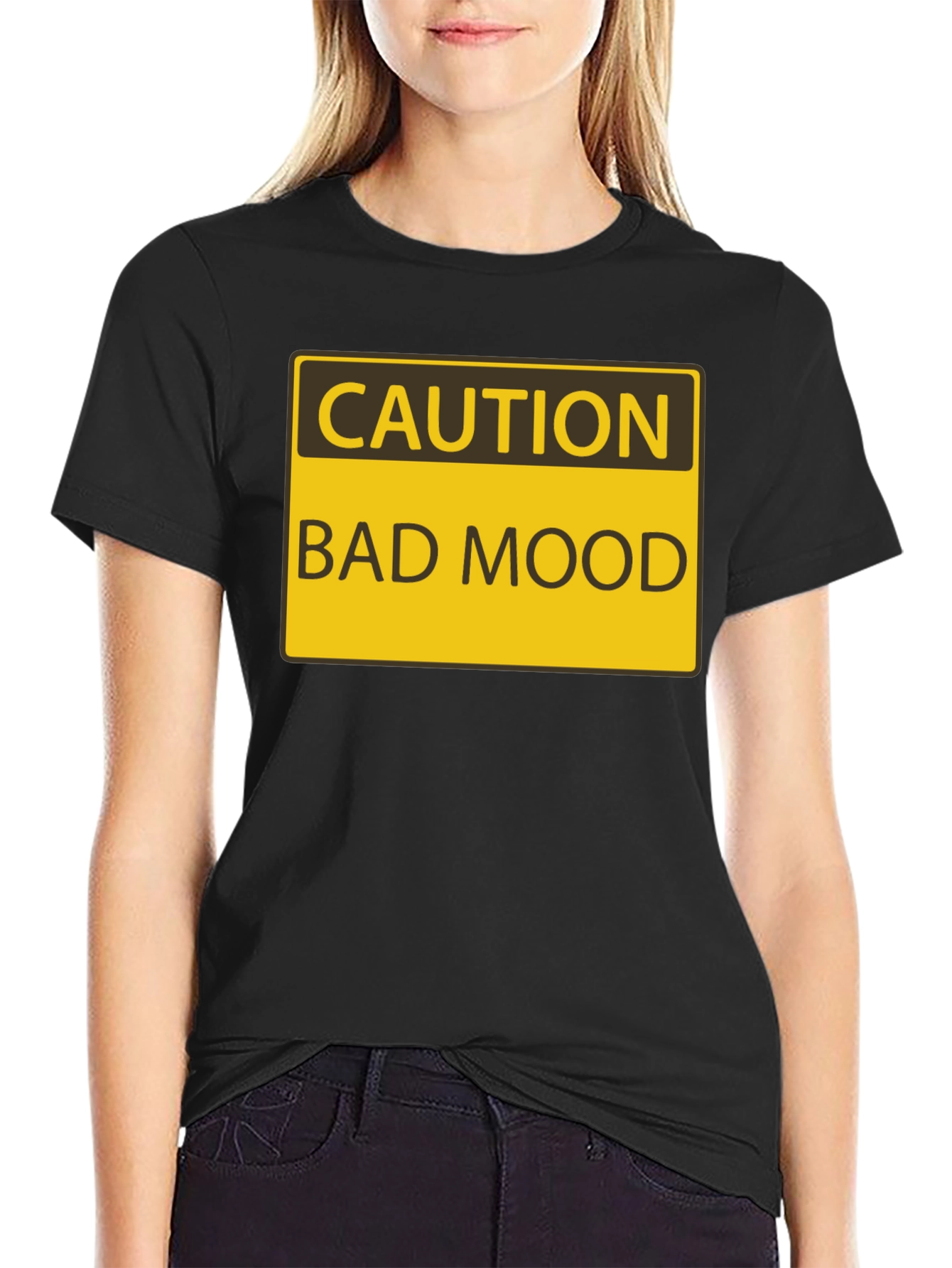 Black Caution Bad Mood Funny Graphic T-Shirt view 2