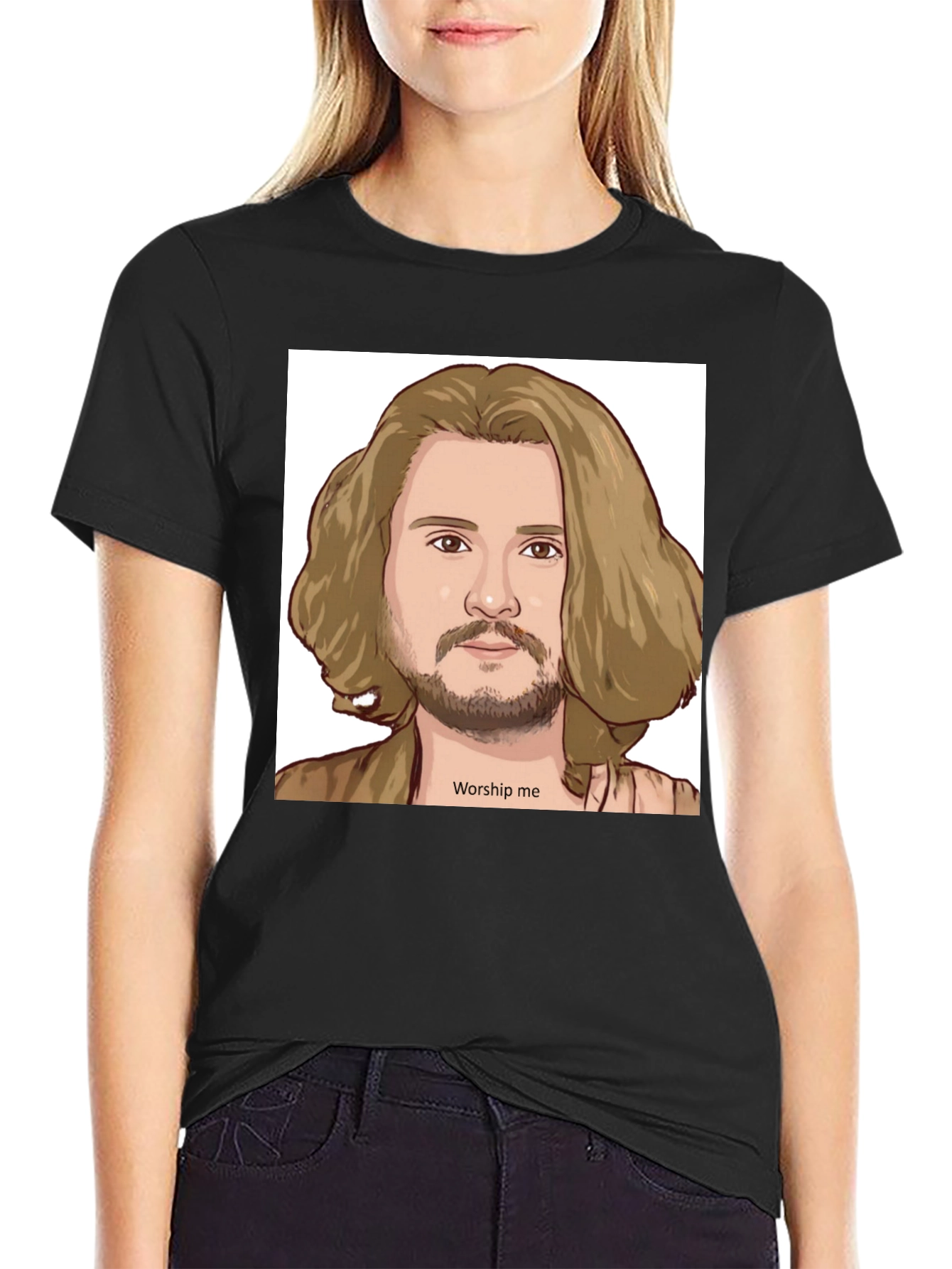 Black Worship Me Cartoon Graphic Tee view 2