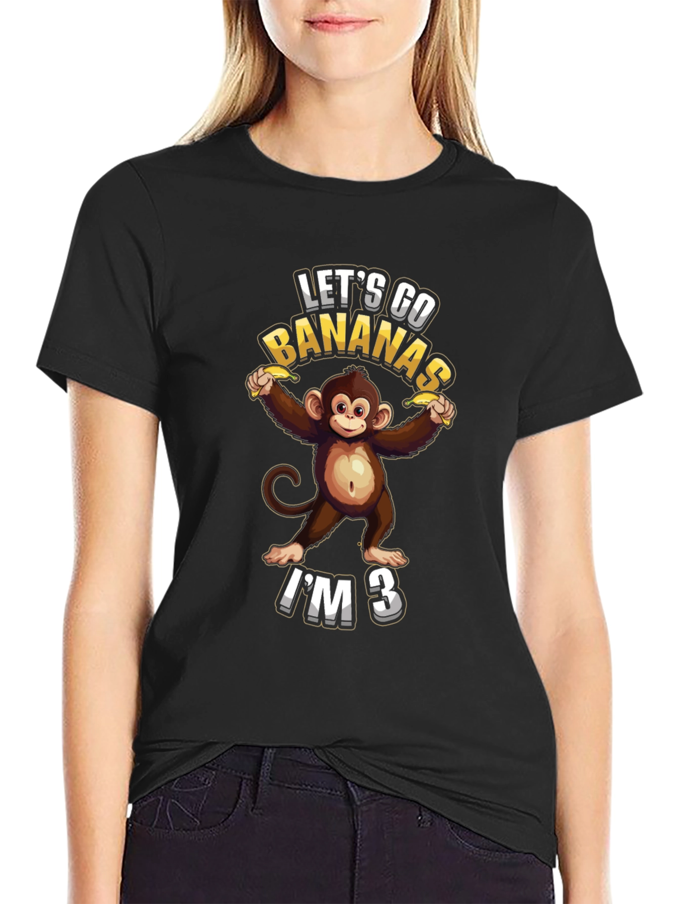 Black Let's Go Bananas I'm 3 T-Shirt view 2