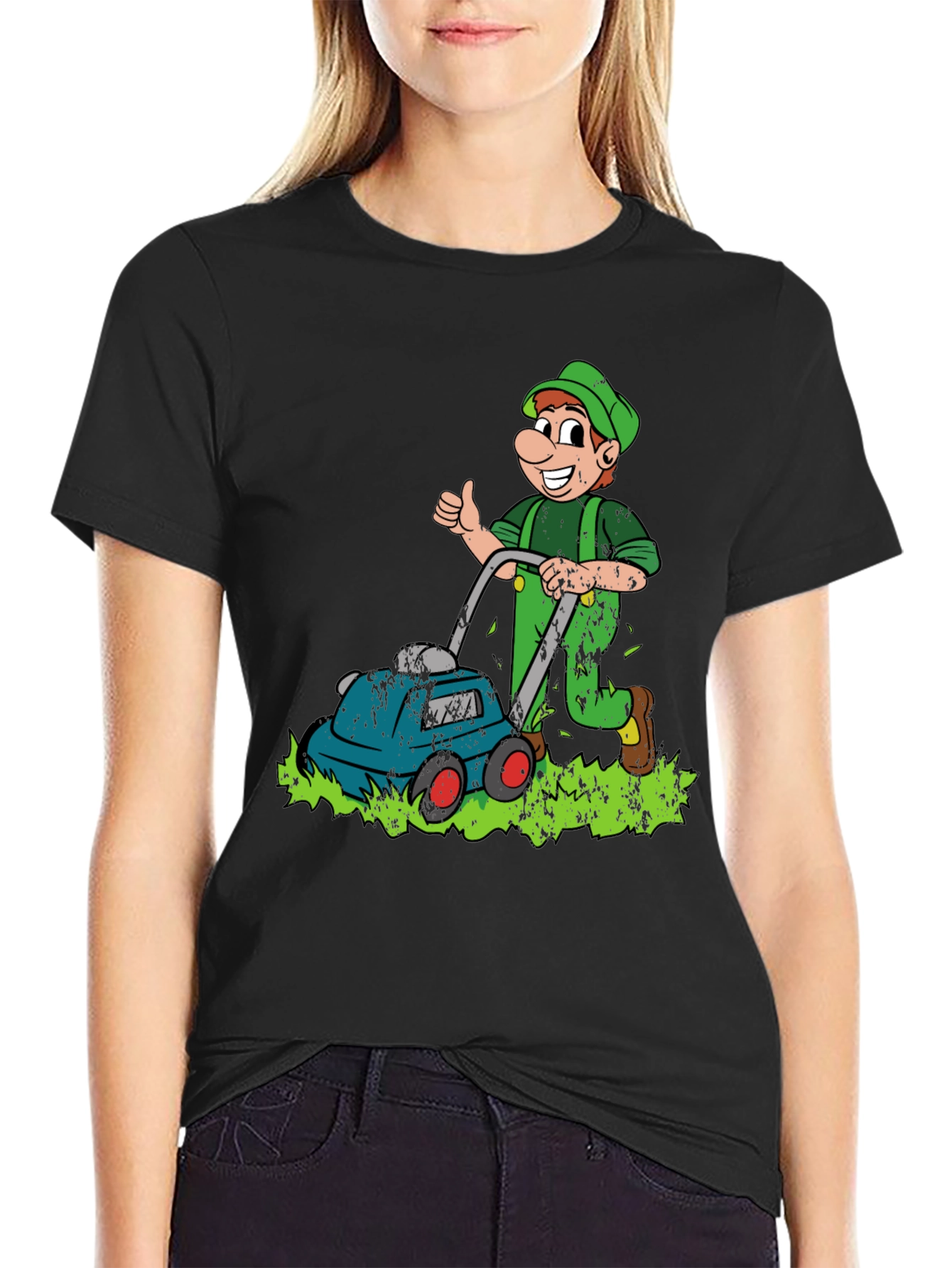 Black Funny Lawn Mower Cartoon Graphic T-Shirt view 2