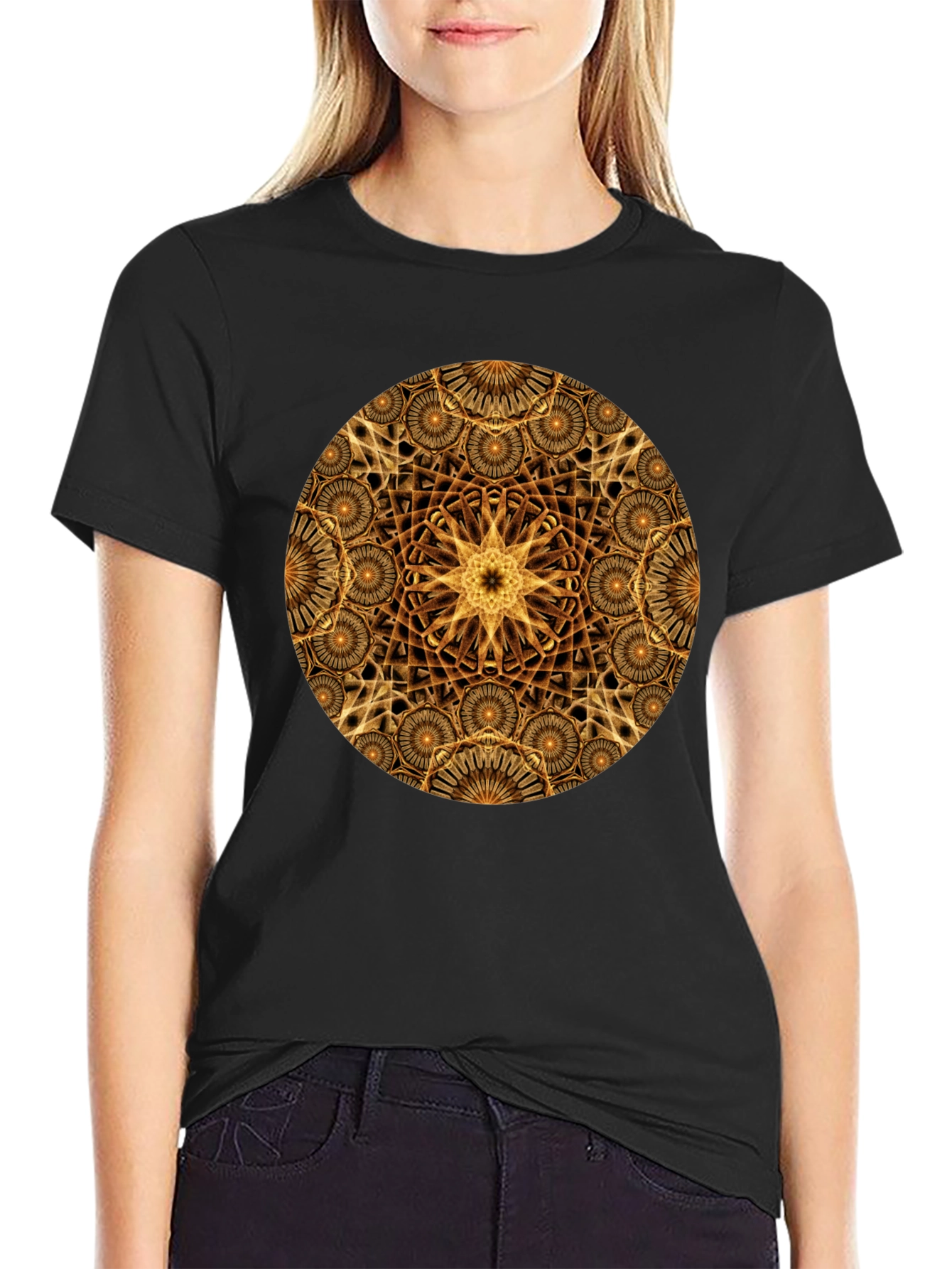 Black Geometric Gold Mandala Graphic T-Shirt view 2
