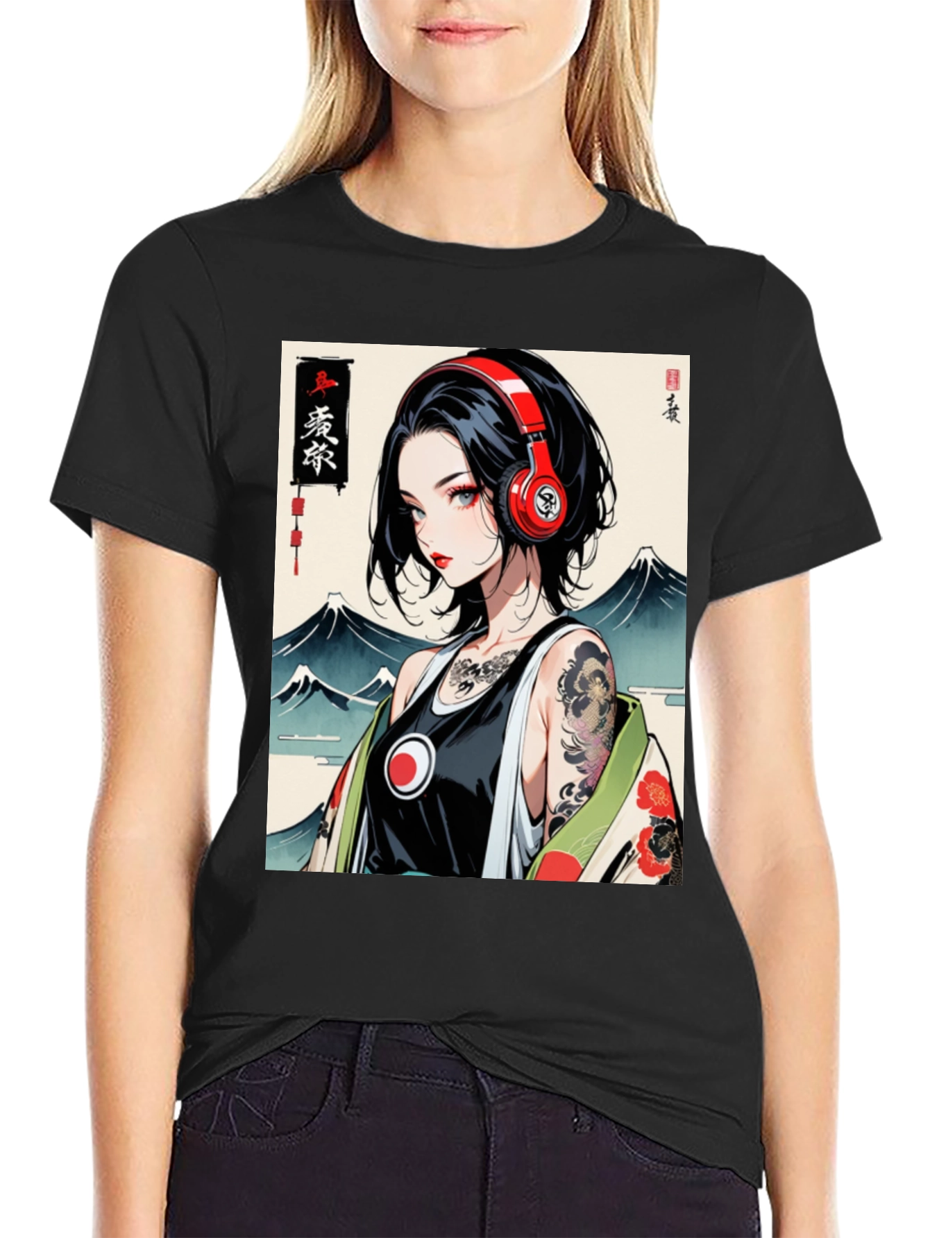 Black Anime Girl Headphones Graphic Black T-Shirt view 2