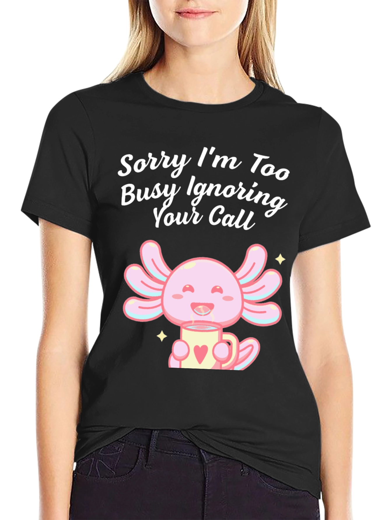 Black Ignoring Call Axolotl Black T-Shirt view 2