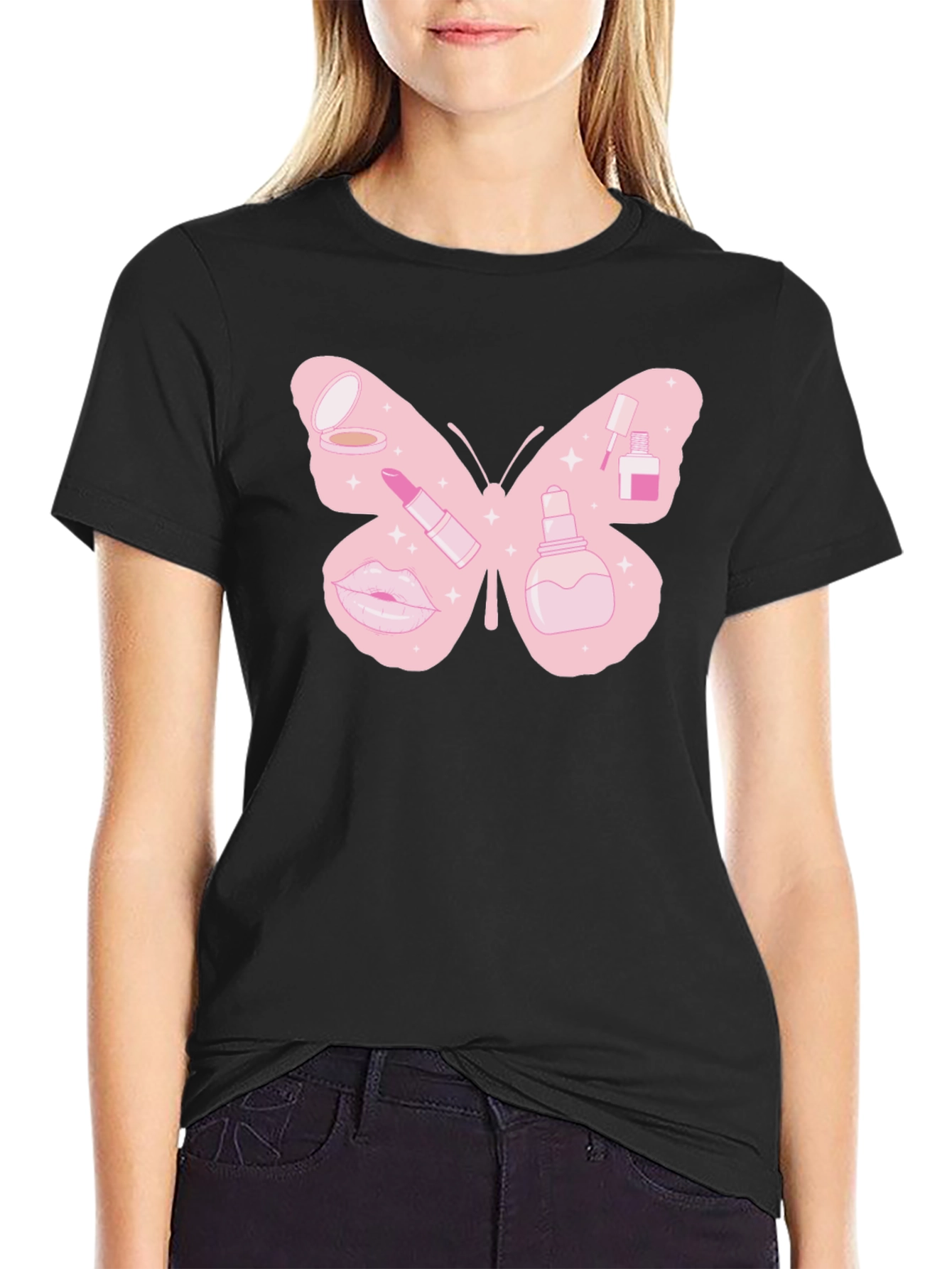 Black Makeup Butterfly Graphic T-Shirt view 2