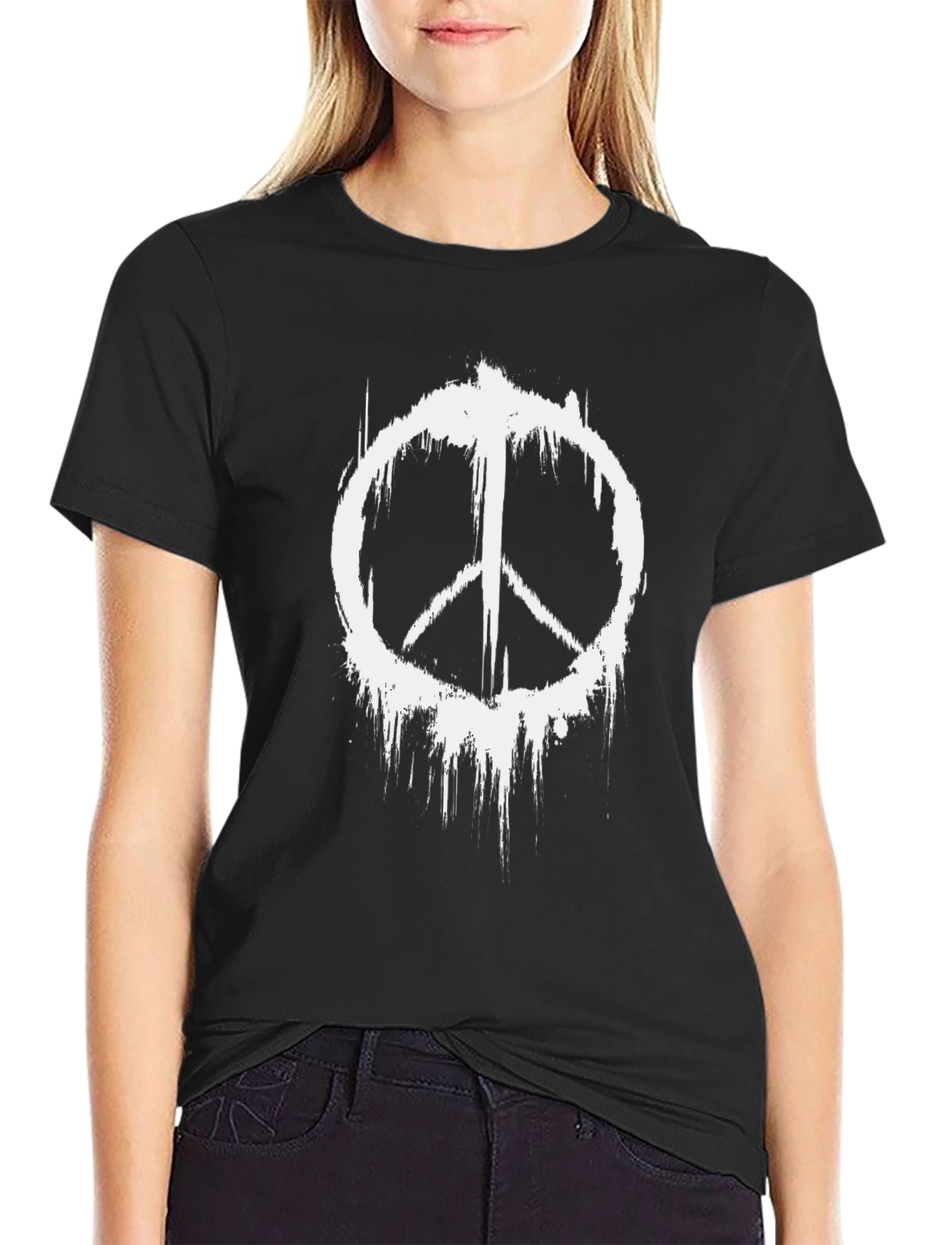 Black Distressed Peace Sign Black Graphic T-Shirt view 2