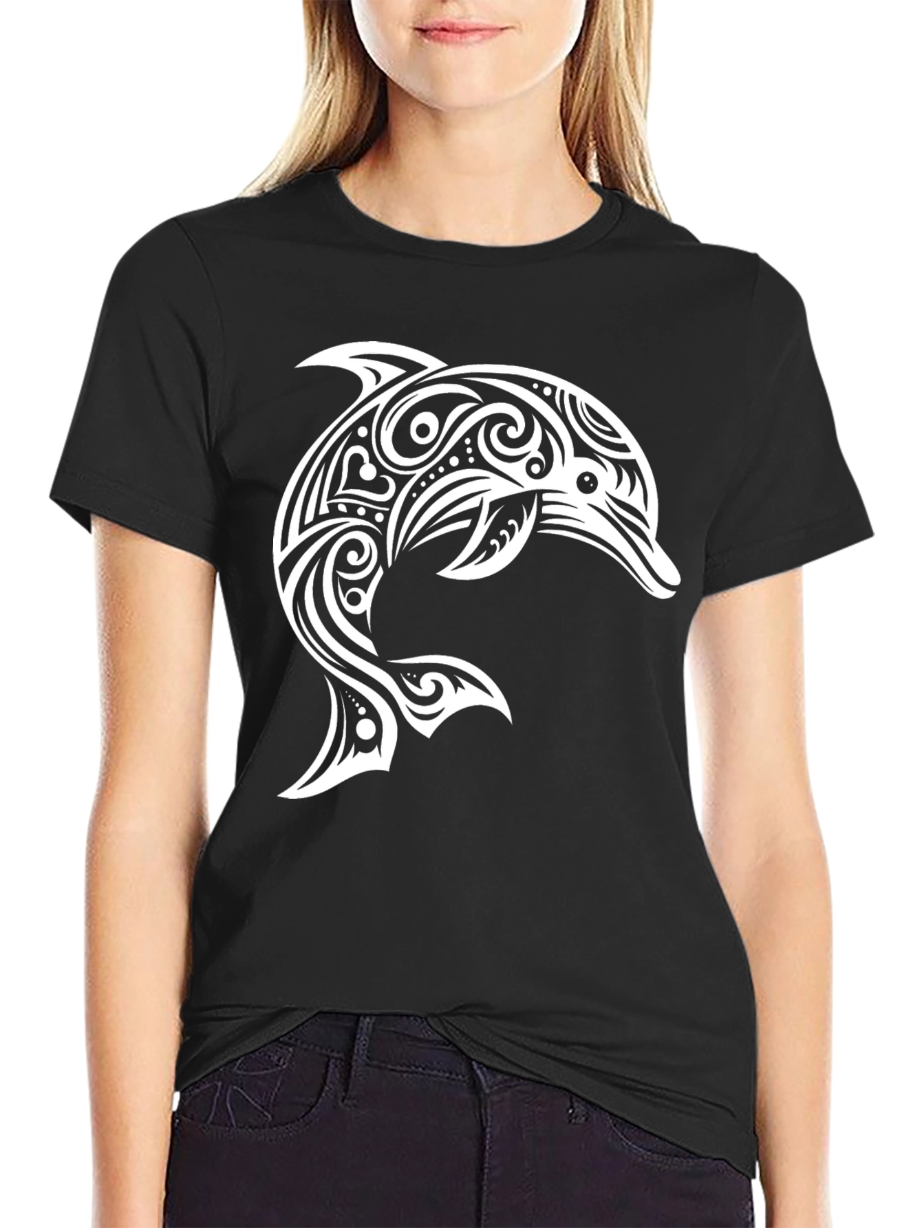 Black Tribal Dolphin Graphic Tee - Black Casual Shirt view 2