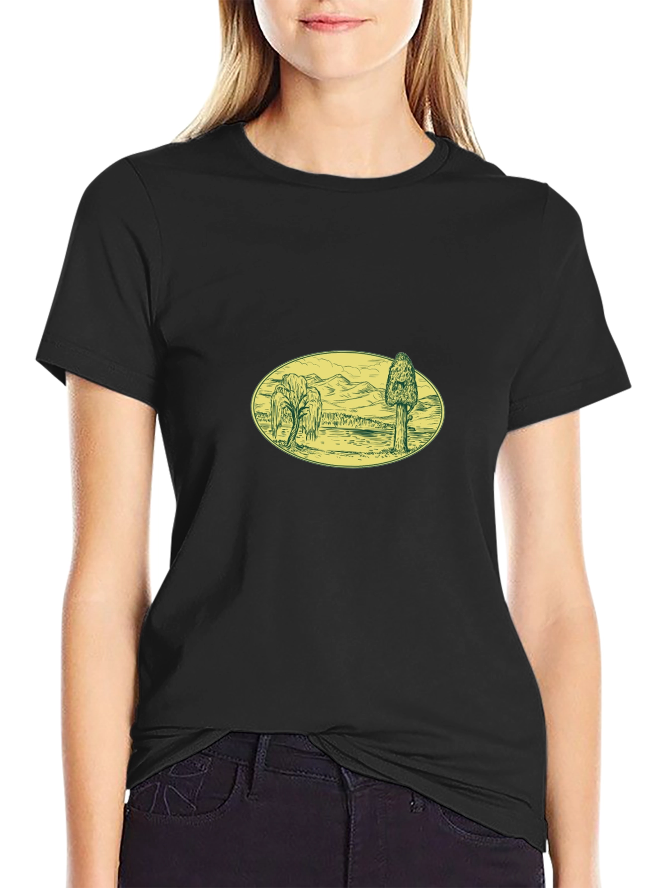 Black Black T-Shirt with Landscape Oval Print view 2