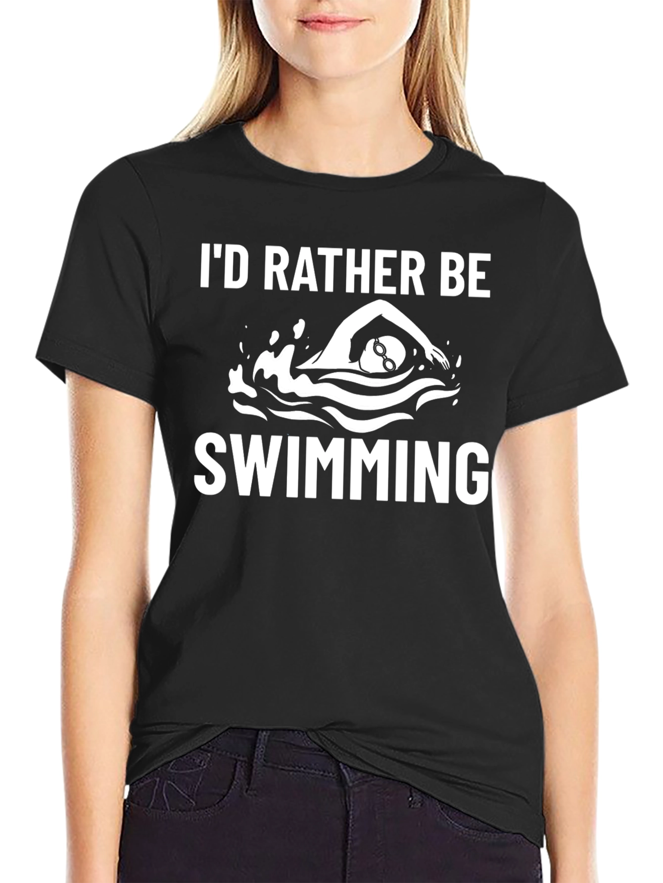 Black I'd Rather Be Swimming T-Shirt - Black Cotton Tee view 2