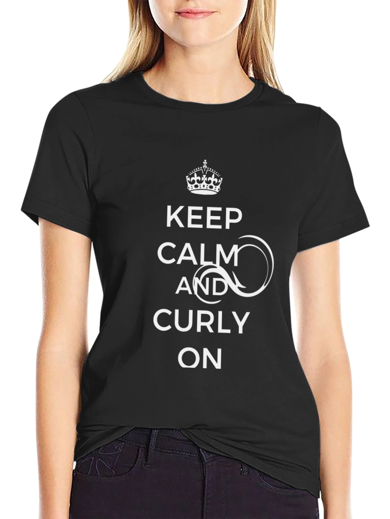 Black Keep Calm & Curly On Black T-Shirt view 2