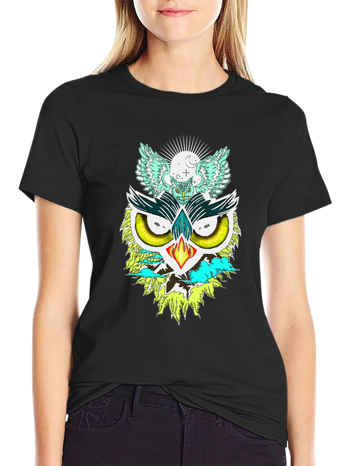 Black Unique Owl Graphic Print Tee view 2