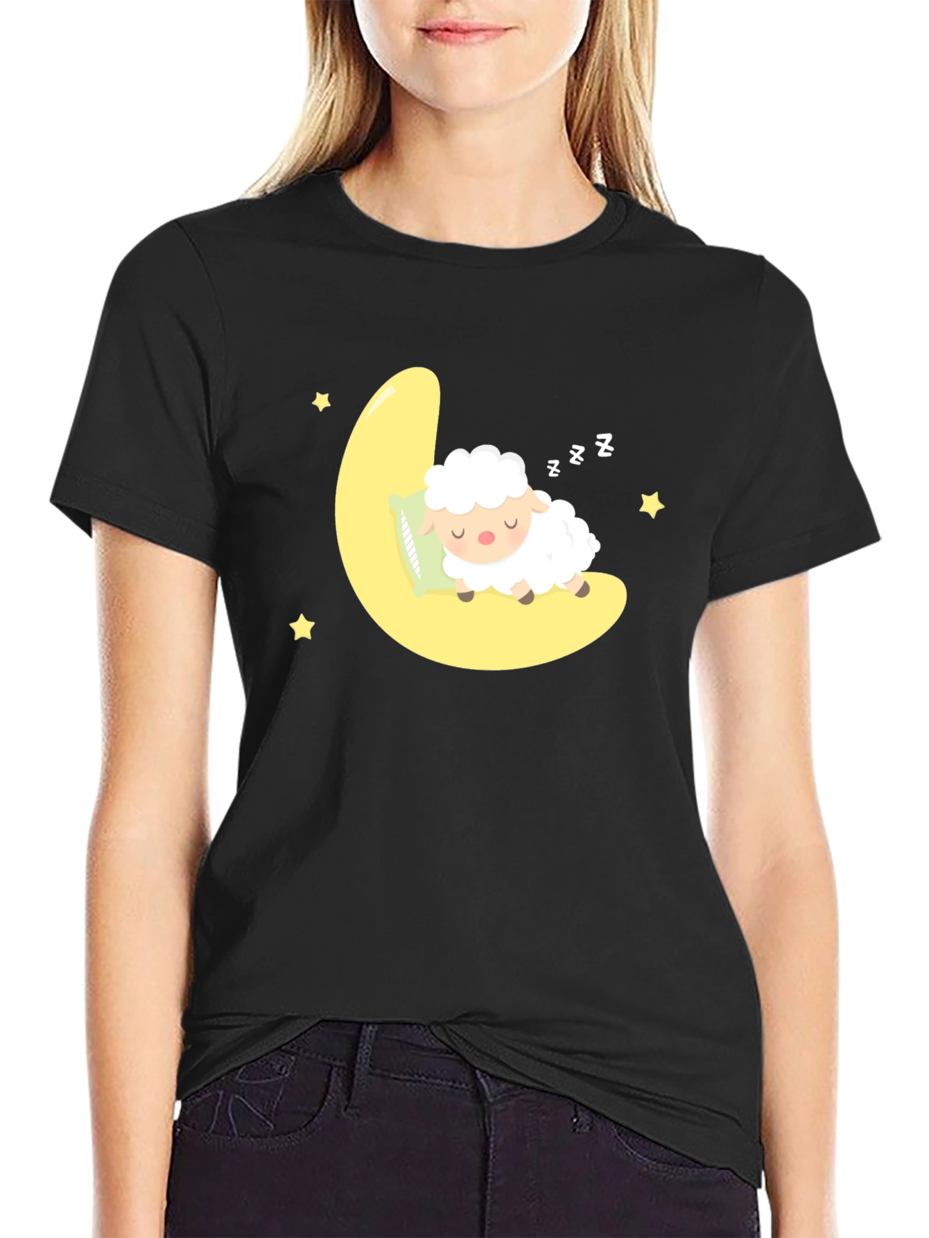 Cute Sheep Sleeping on Moon Graphic Tee - 2