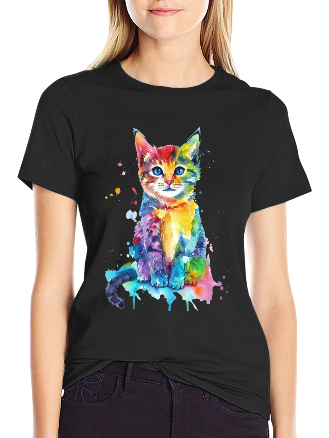 Black Watercolor Cat Graphic Tee - Vibrant Colorful Kitten Shirt view 2