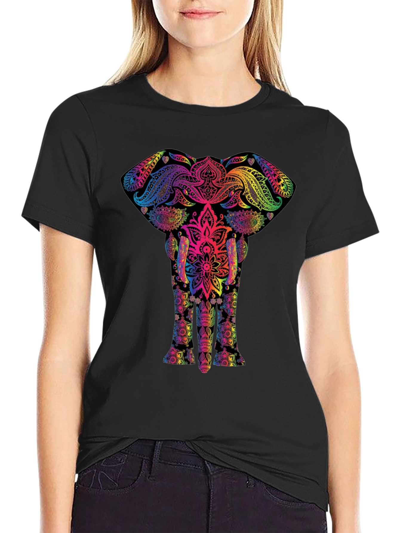 Black Vibrant Elephant Mandala T-Shirt - Unique Graphic Tee view 2