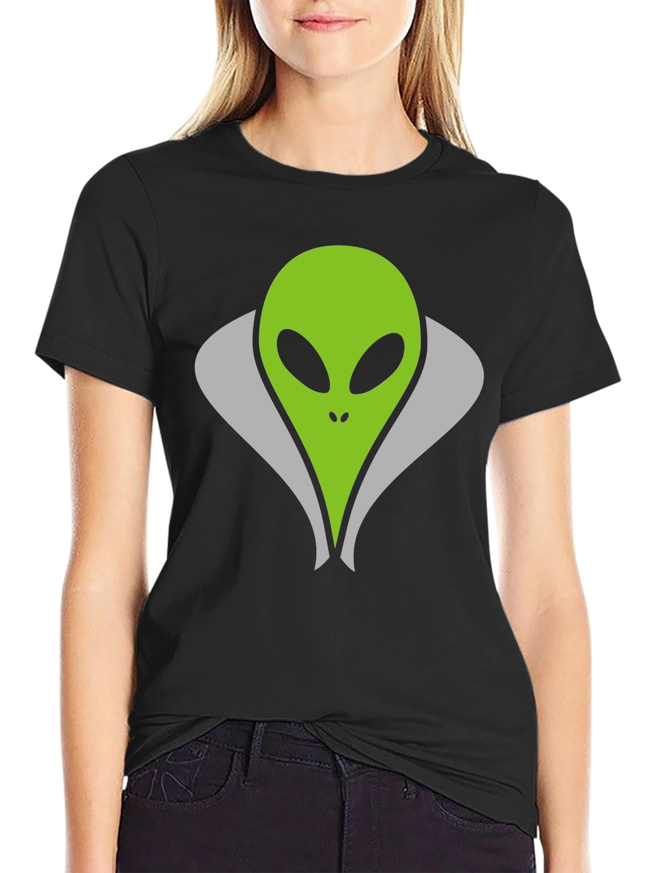 Black Alien Head Graphic Tee - Black Cotton T-Shirt view 2