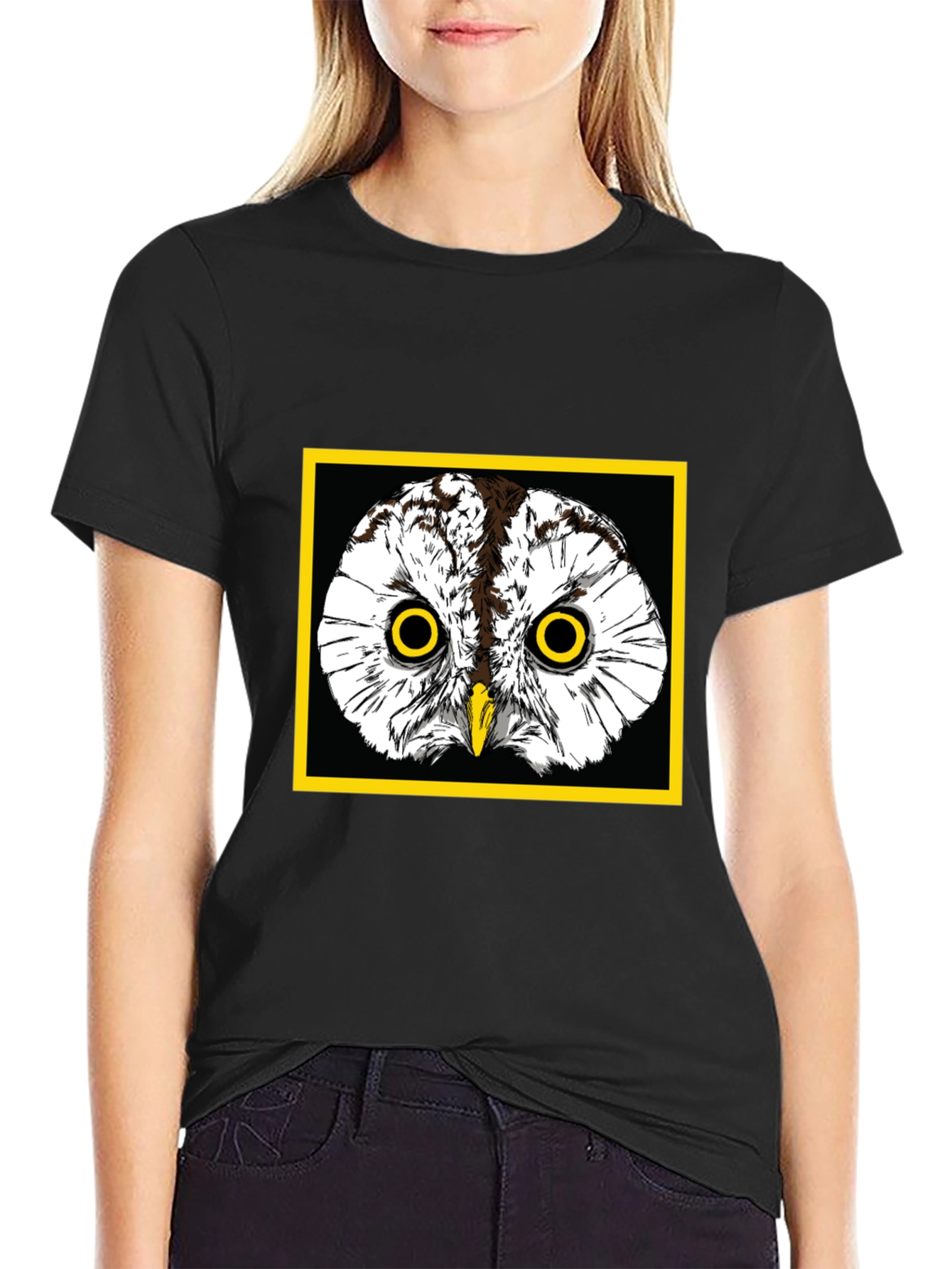 Black Owl Graphic Tee - Black Cotton T-Shirt with Yellow Border view 2