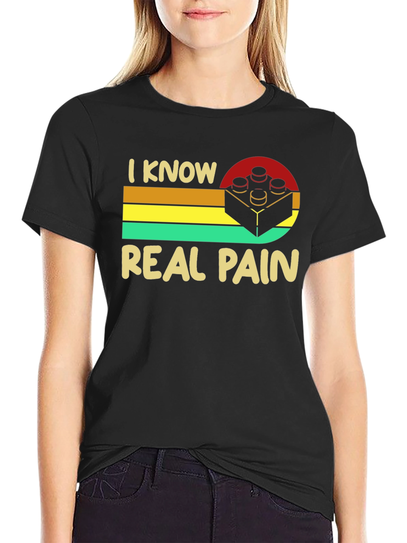 Black I Know Real Pain Funny Brick T-Shirt view 2