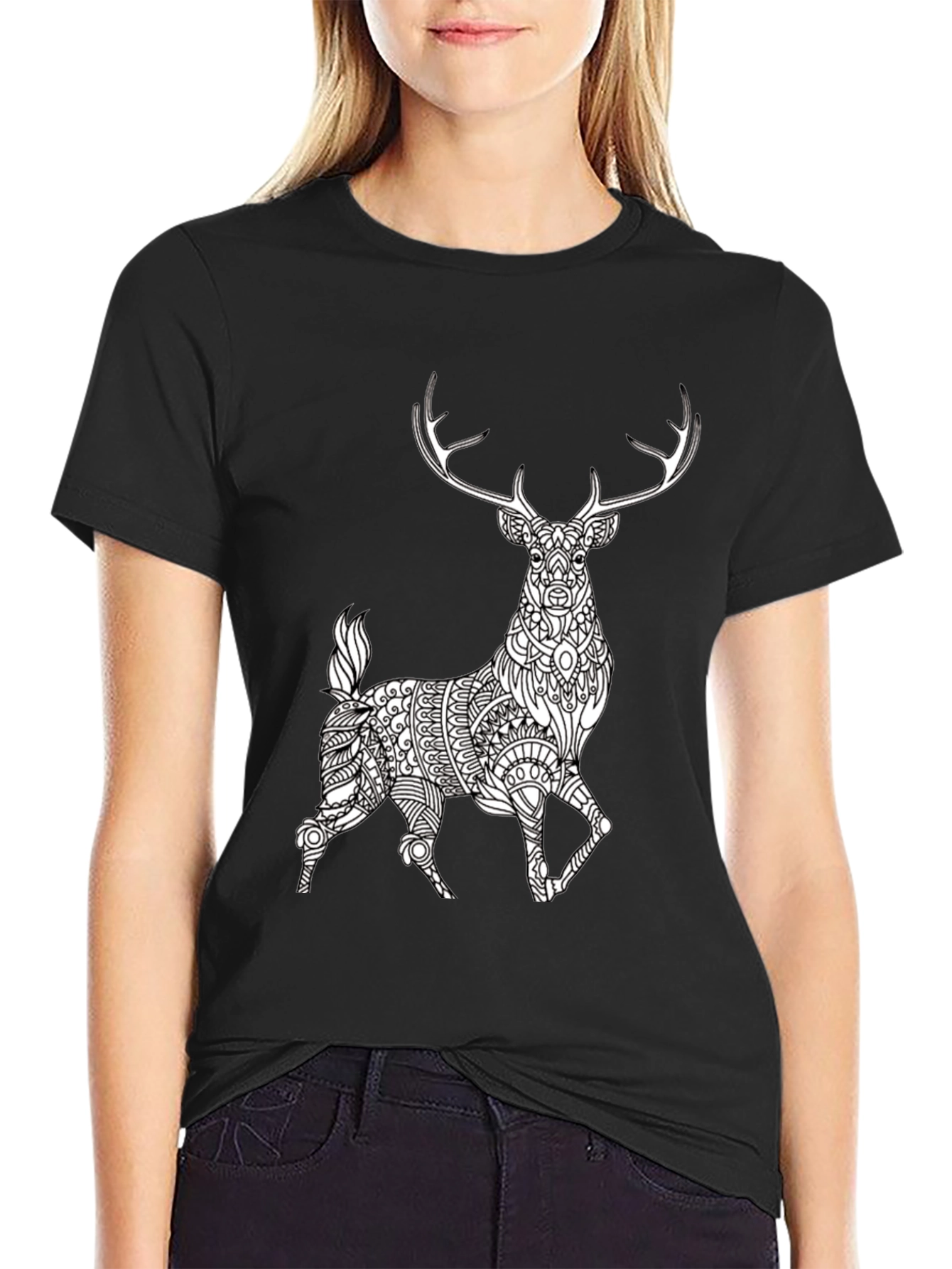 Black Geometric Deer Graphic Tee - Black Cotton Blend view 2