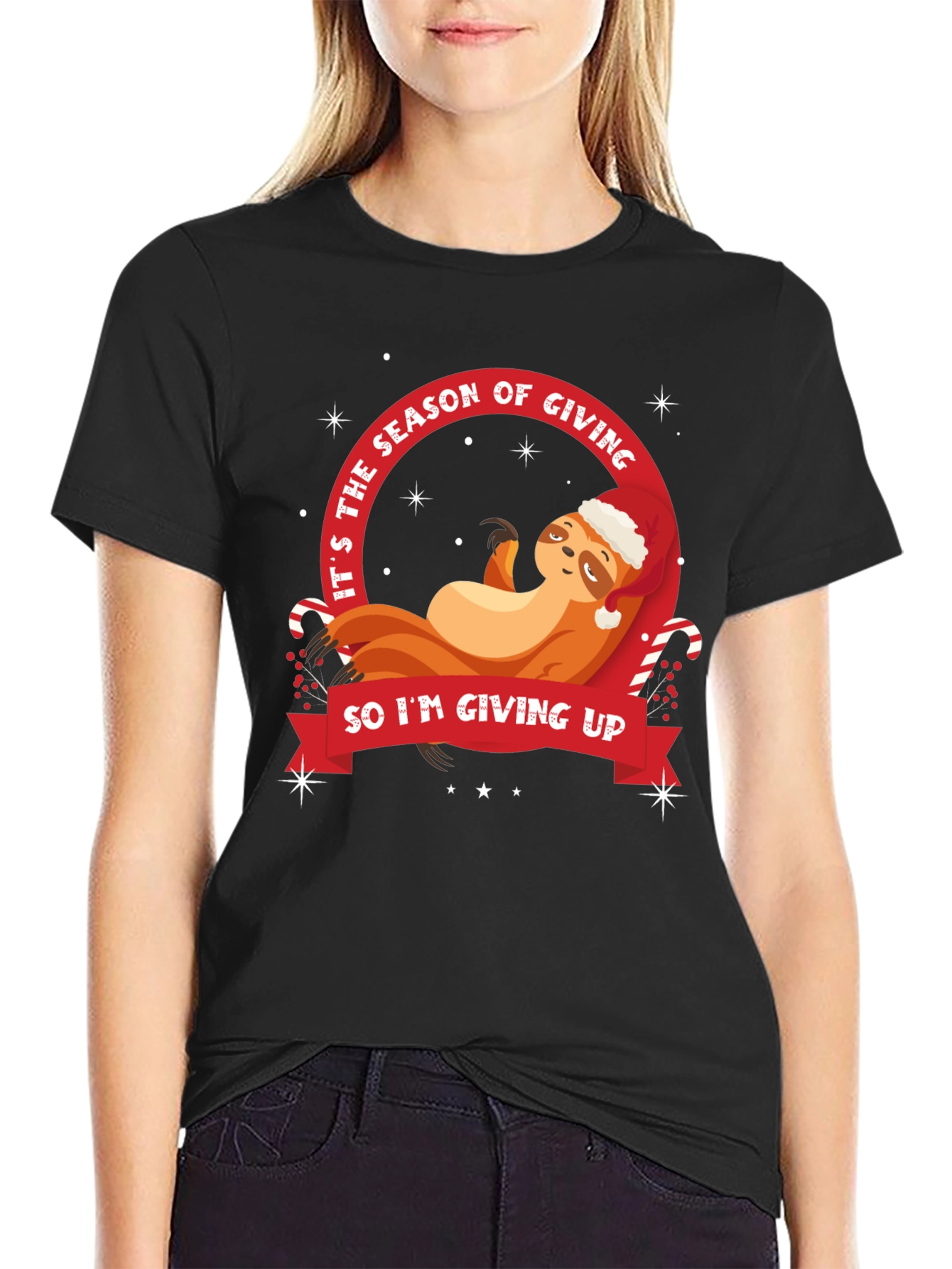 Black Funny Sloth Christmas T-Shirt - Season of Giving view 2