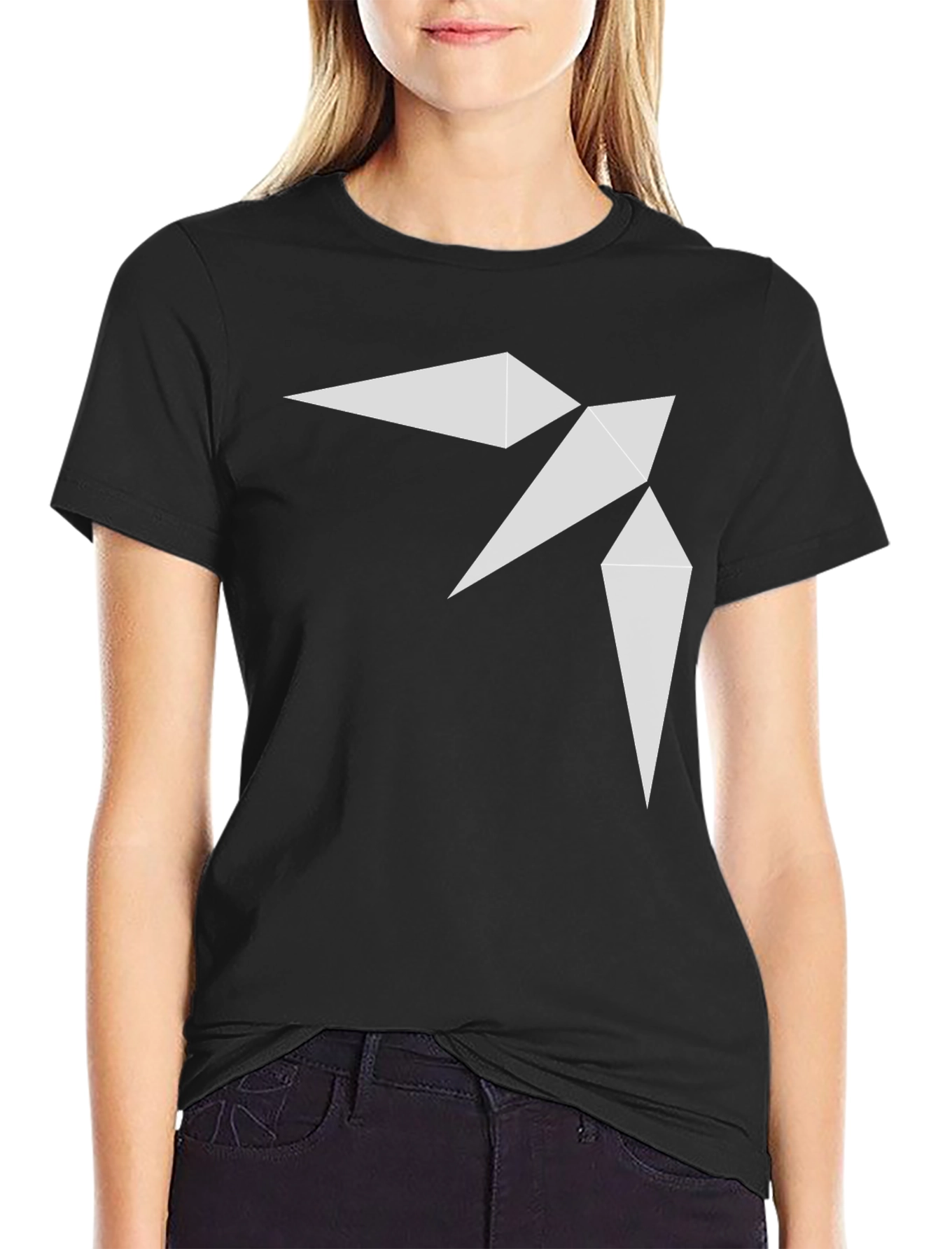 Black Geometric Bird Print Black T-Shirt view 2
