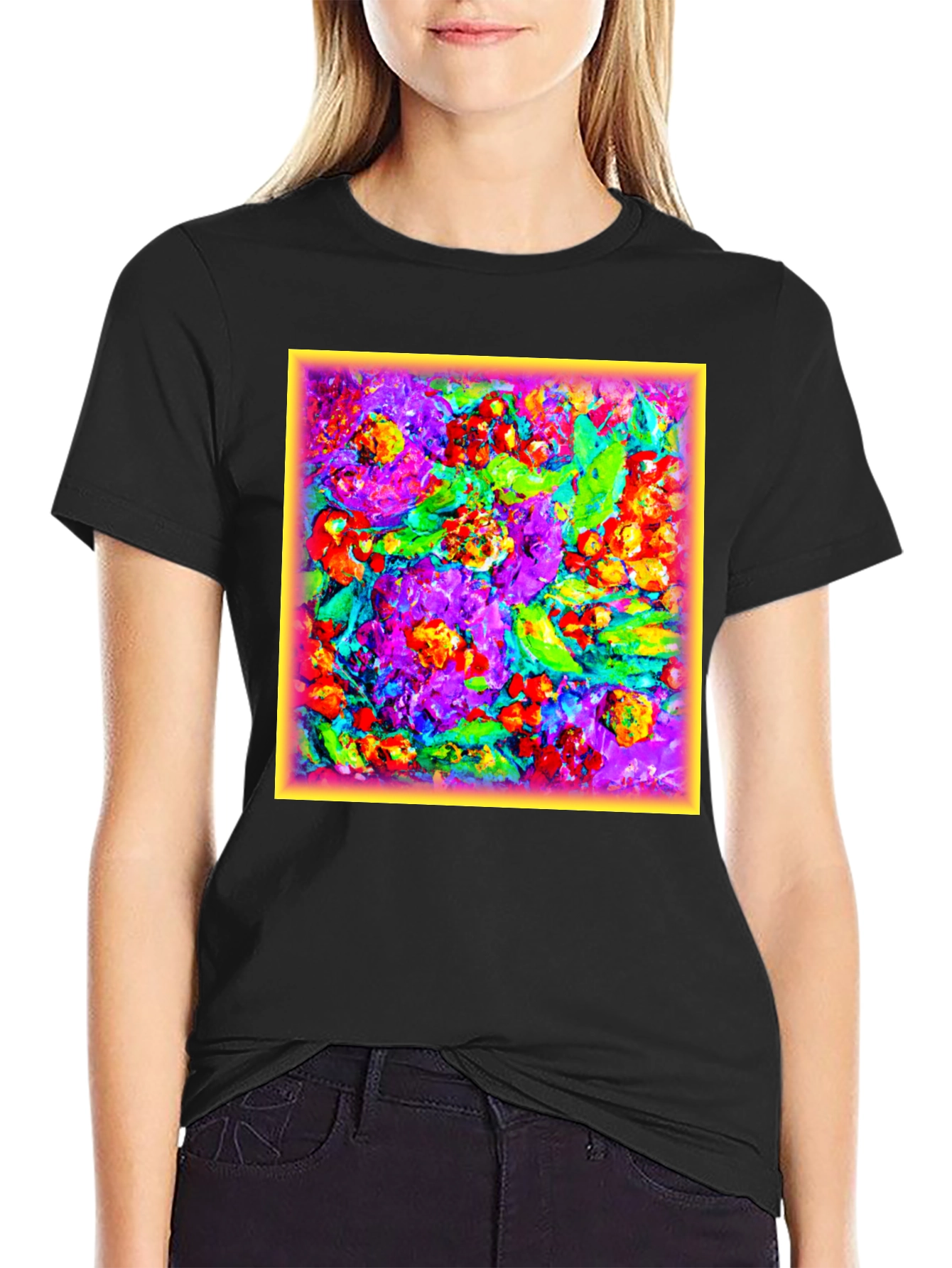 Black Floral Art Print Black T-Shirt view 2