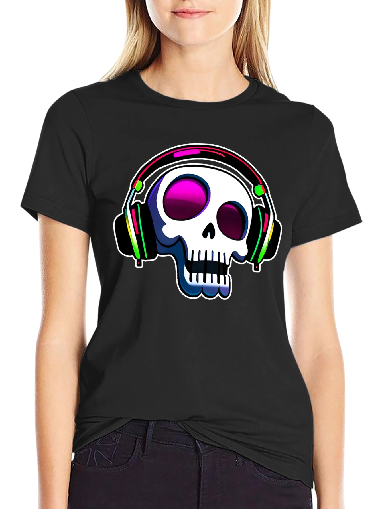 Black Skull with Headphones Graphic Tee view 2